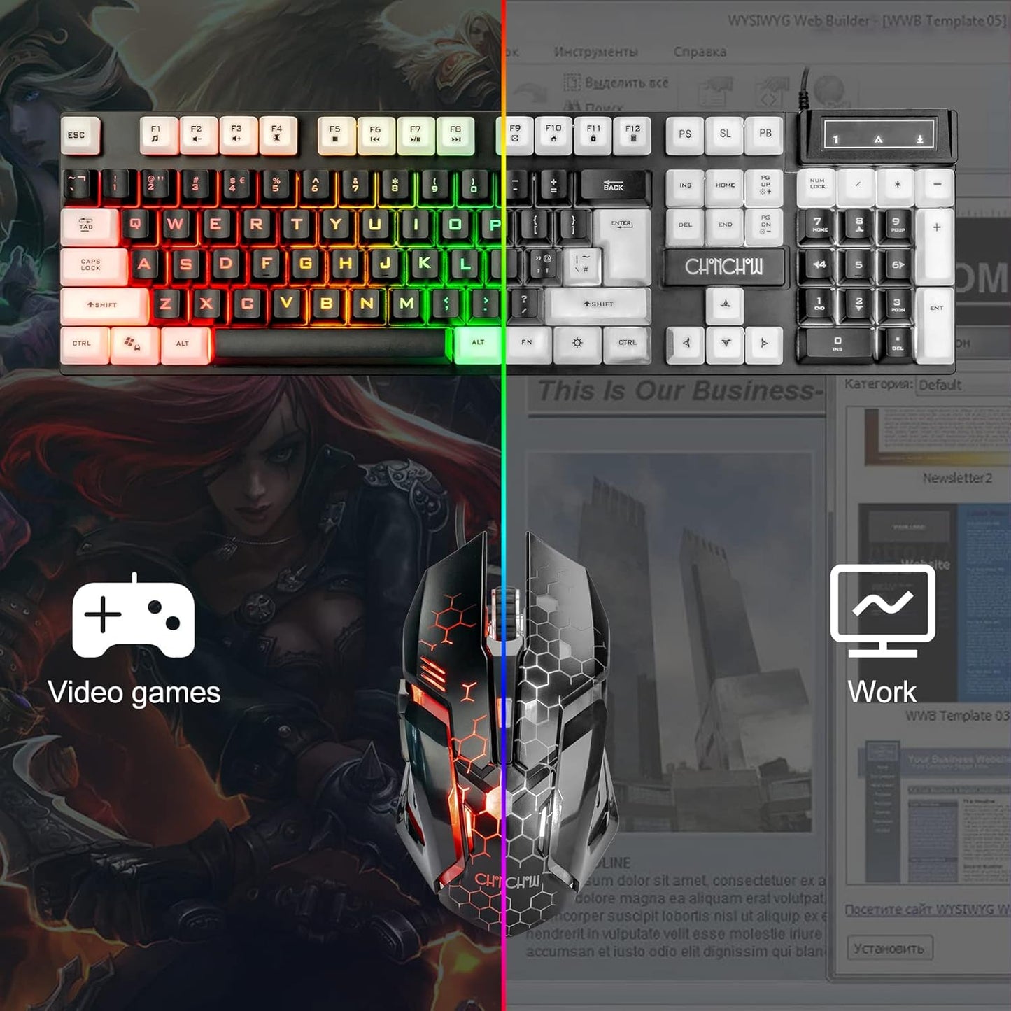 CHONCHOW USB Wired Keyboad and Mouse Combo, Full Size Rainbow LED Light Up Backlit Color Gamer Keyboard and Mouse Set, Mouse and Keyboard Combo for Computer Laptop Xbox PS4 PS5 Gaming and Work - CHONCHOW