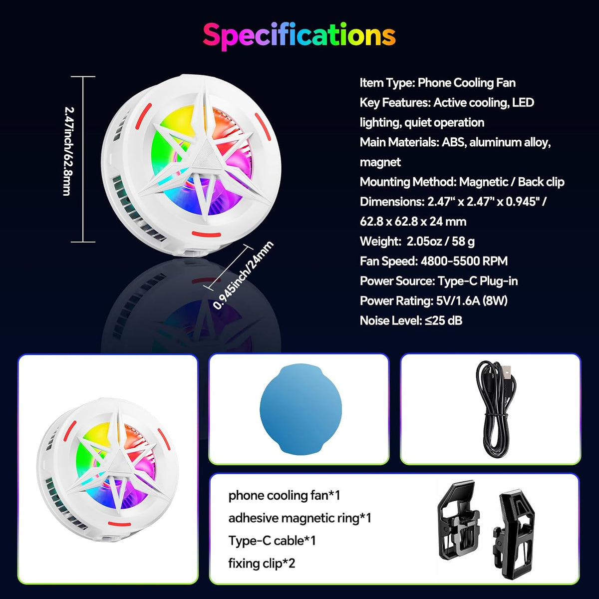 Basic iPhone Cooler,Magnetic/Clip-on Phone Cooler for Gaming,Phone Fan