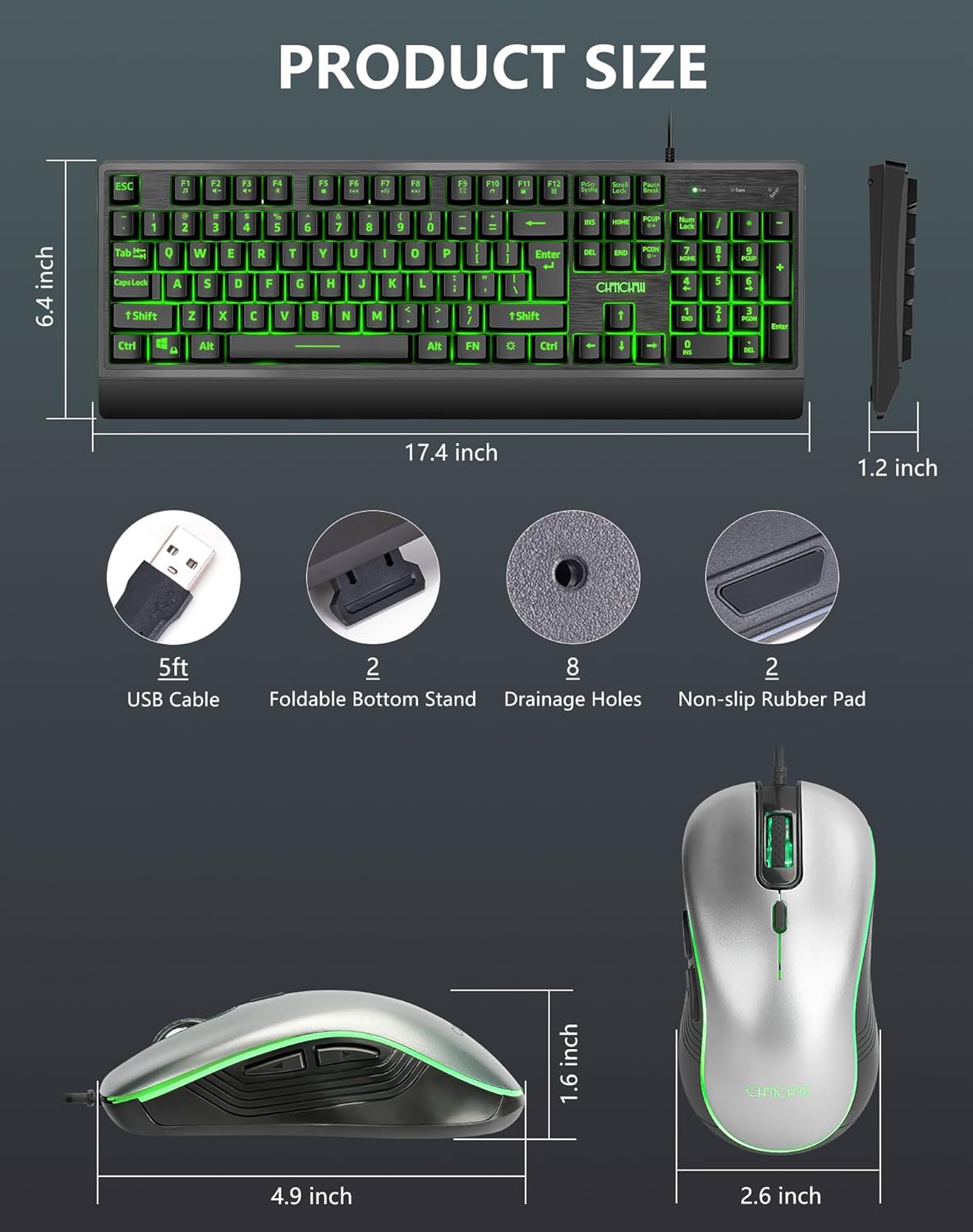 USB Wired Keyboard and Mouse Combo with Red-Yellow-Green LED, Silent Gaming Keyboard with 12 Mulitmedia Keys, Light Up Large Print for Elderly, Low Vision, RGB Backlit Mouse for PC Computer PS5 Laptop - CHONCHOW