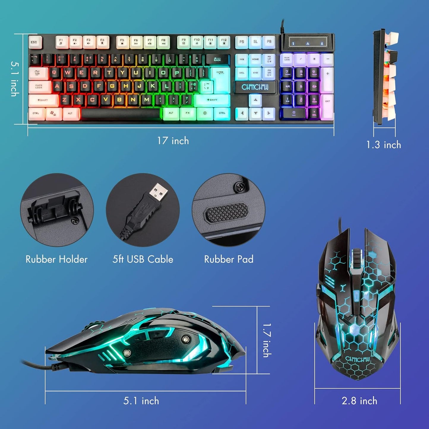 CHONCHOW USB Wired Keyboad and Mouse Combo, Full Size Rainbow LED Light Up Backlit Color Gamer Keyboard and Mouse Set, Mouse and Keyboard Combo for Computer Laptop Xbox PS4 PS5 Gaming and Work - CHONCHOW