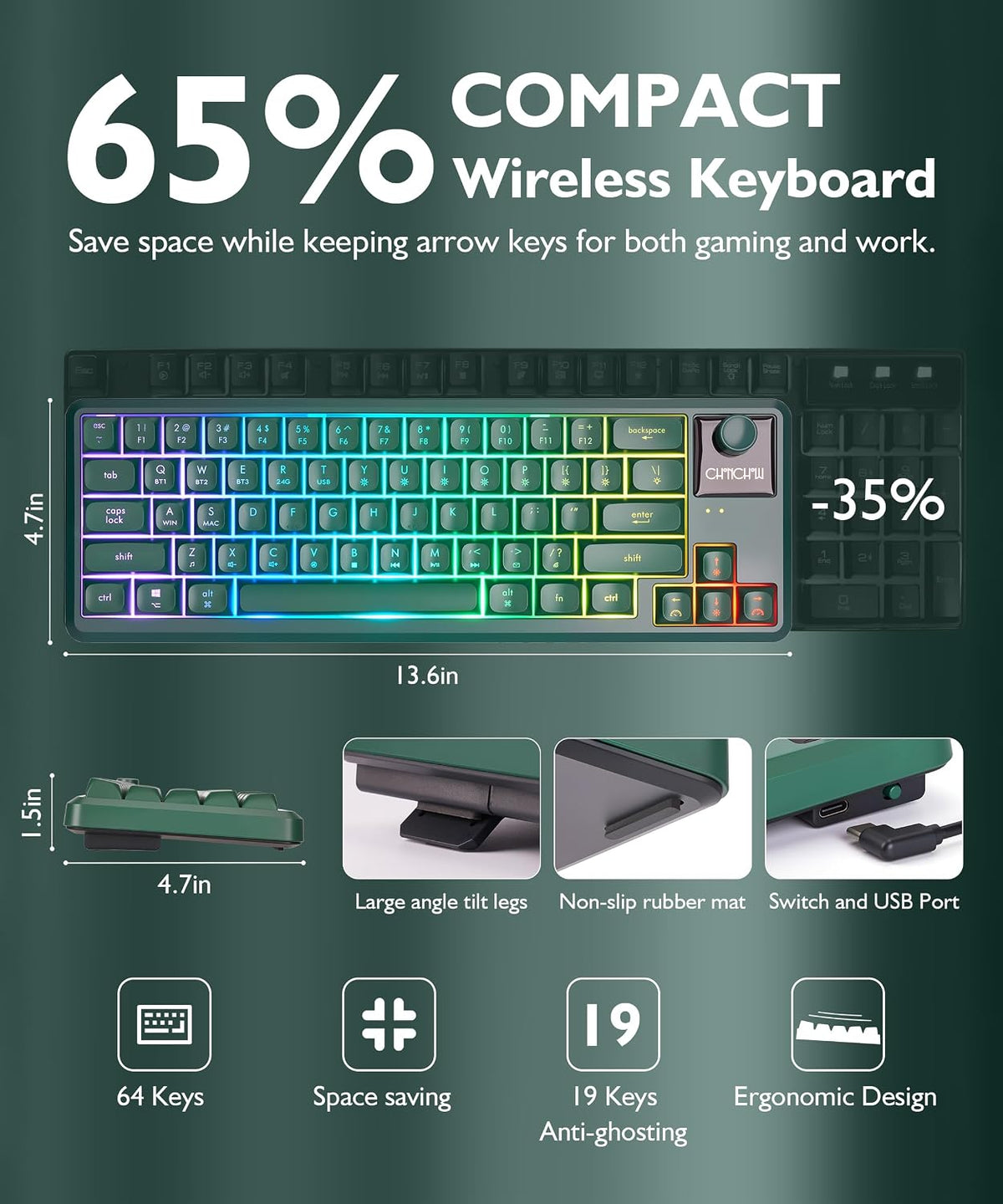 65% Wireless RGB Gaming Keyboard with Tri-Mode, LED/Volume Knob for WIN/Mac