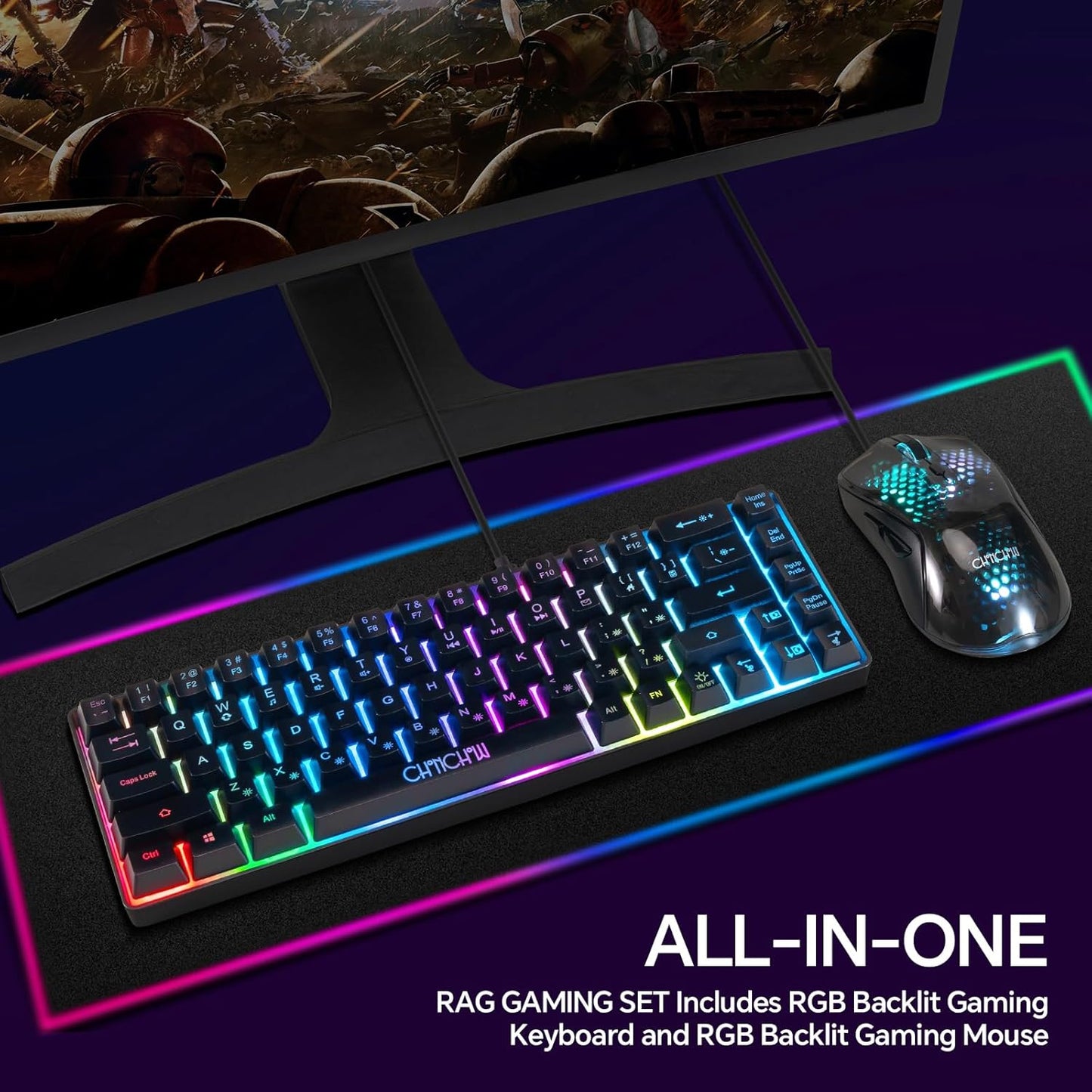 CHONCHOW 60% Gaming Keyboard and Mouse Combo, 68 Keys Wired LED RGB Backlit Black Gaming Keyboard and RGB Backlit Mouse, Small Light up Keyboard for PC Xbox PS4 Gamers and Work (Black) - CHONCHOW