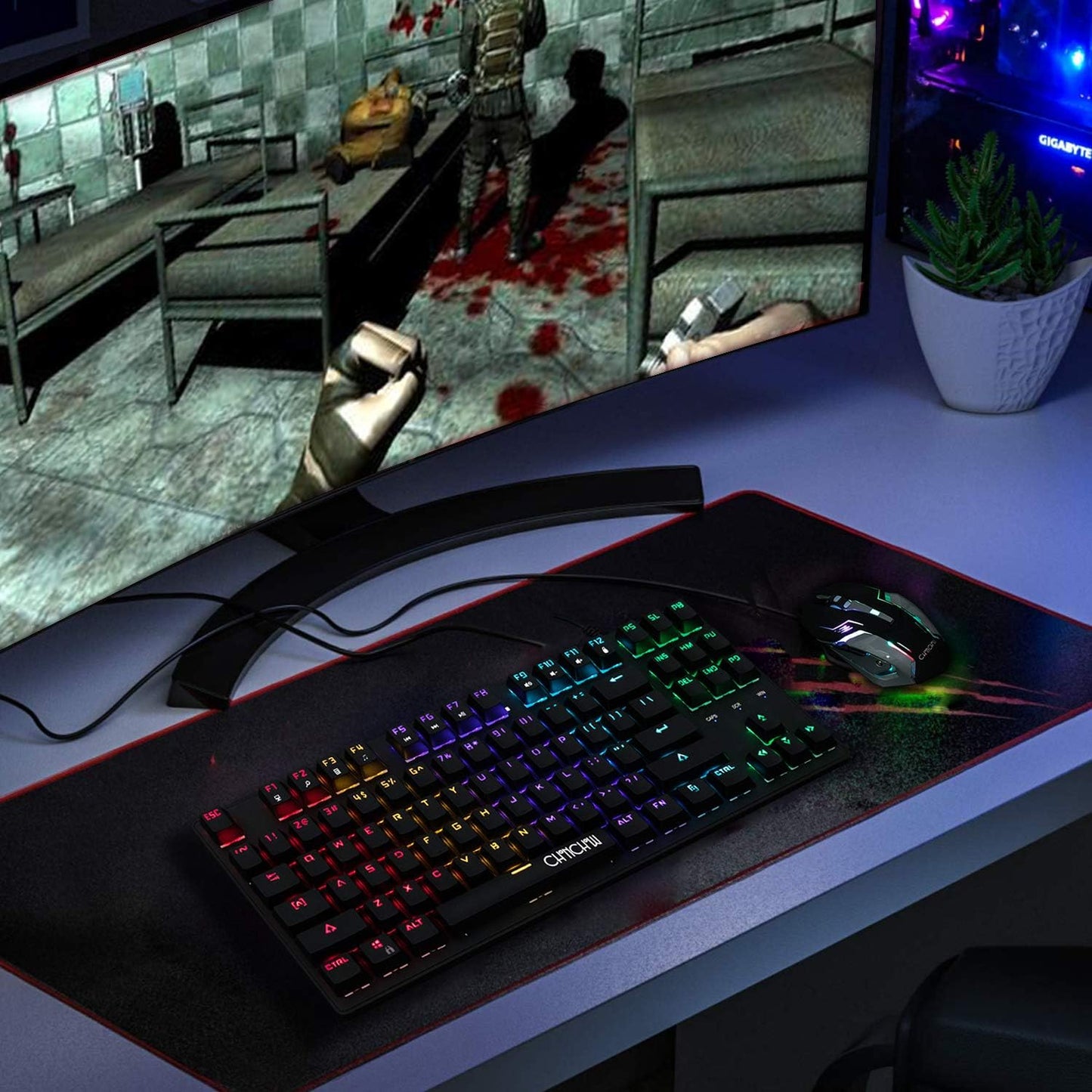 CHONCHOW Mechanical Gaming Keyboard and Mouse Combo- TKL 87 Keys Blue Switche RGB Rainbow Backlit Keyboard 3200DPI Mice with 6 Button Value Combo for PS4 Xbox Laptop Windows PC Gamer - CHONCHOW