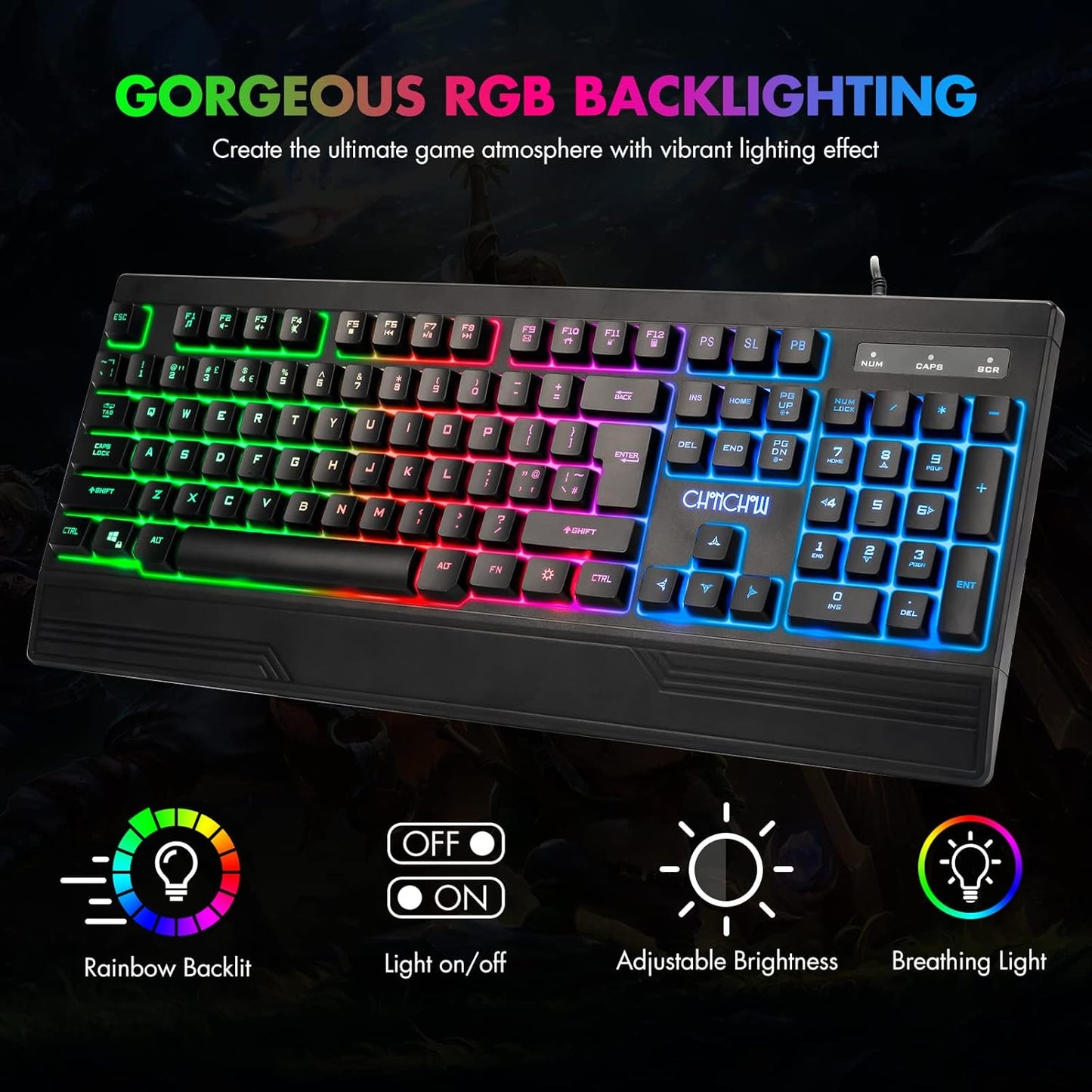 CHONCHOW Ergonomic LED Rainbow Keyboard for Game and Work, USB Wired Light Up Backlit Gaming Keyboard with Wrist Rest, 104 Key Quiet RGB Keyboard for PC Xbox PS4 PS5 Laptop - CHONCHOW