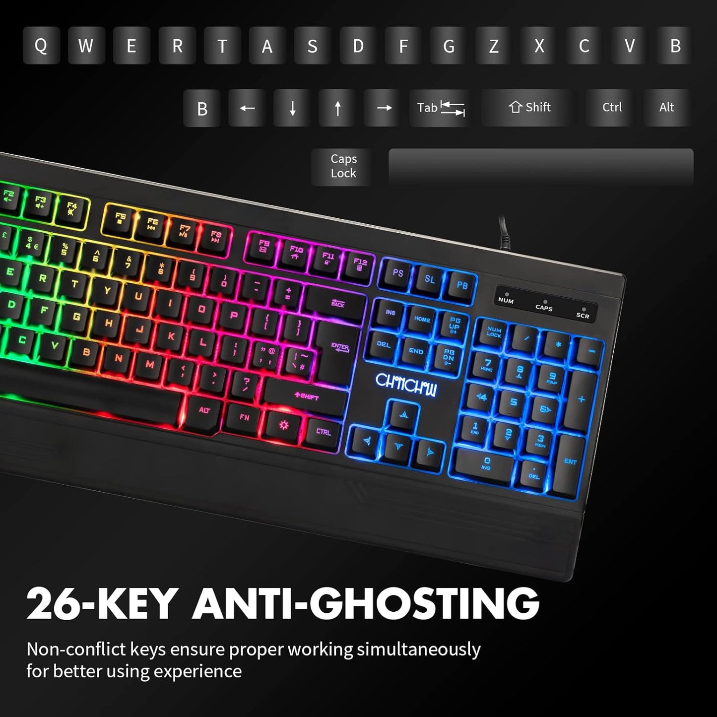 CHONCHOW Ergonomic LED Rainbow Keyboard for Game and Work, USB Wired Light Up Backlit Gaming Keyboard with Wrist Rest, 104 Key Quiet RGB Keyboard for PC Xbox PS4 PS5 Laptop - CHONCHOW