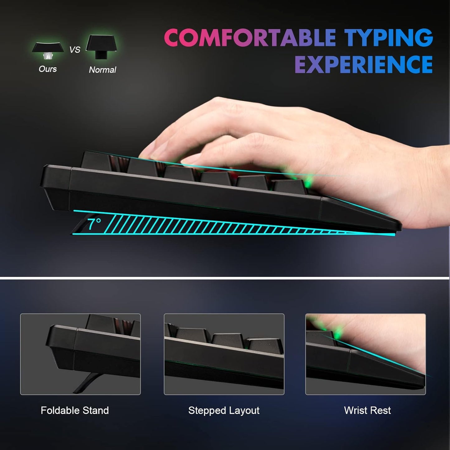 CHONCHOW Ergonomic LED Rainbow Keyboard for Game and Work, USB Wired Light Up Backlit Gaming Keyboard with Wrist Rest, 104 Key Quiet RGB Keyboard for PC Xbox PS4 PS5 Laptop - CHONCHOW