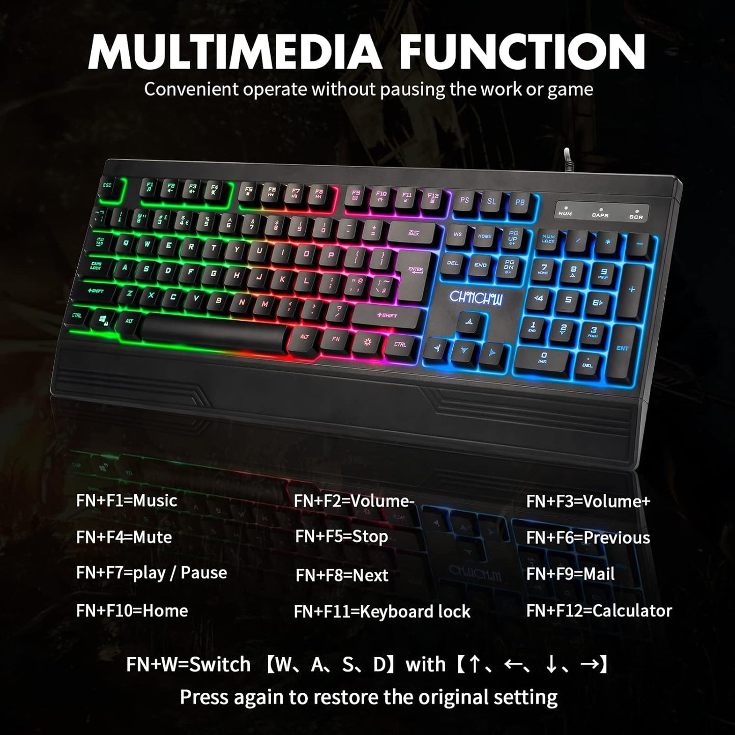 CHONCHOW Ergonomic LED Rainbow Keyboard for Game and Work, USB Wired Light Up Backlit Gaming Keyboard with Wrist Rest, 104 Key Quiet RGB Keyboard for PC Xbox PS4 PS5 Laptop - CHONCHOW