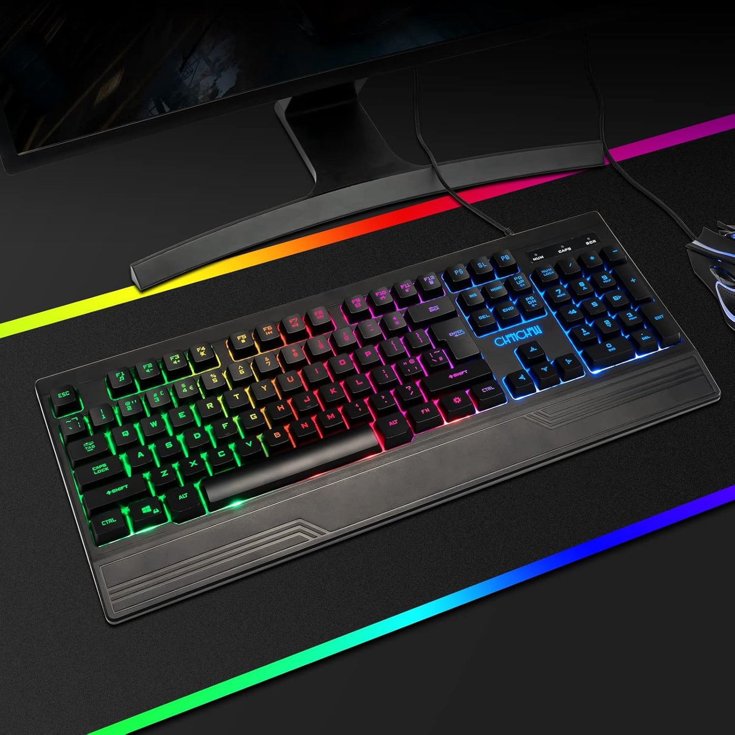 CHONCHOW Ergonomic LED Rainbow Keyboard for Game and Work, USB Wired Light Up Backlit Gaming Keyboard with Wrist Rest, 104 Key Quiet RGB Keyboard for PC Xbox PS4 PS5 Laptop - CHONCHOW