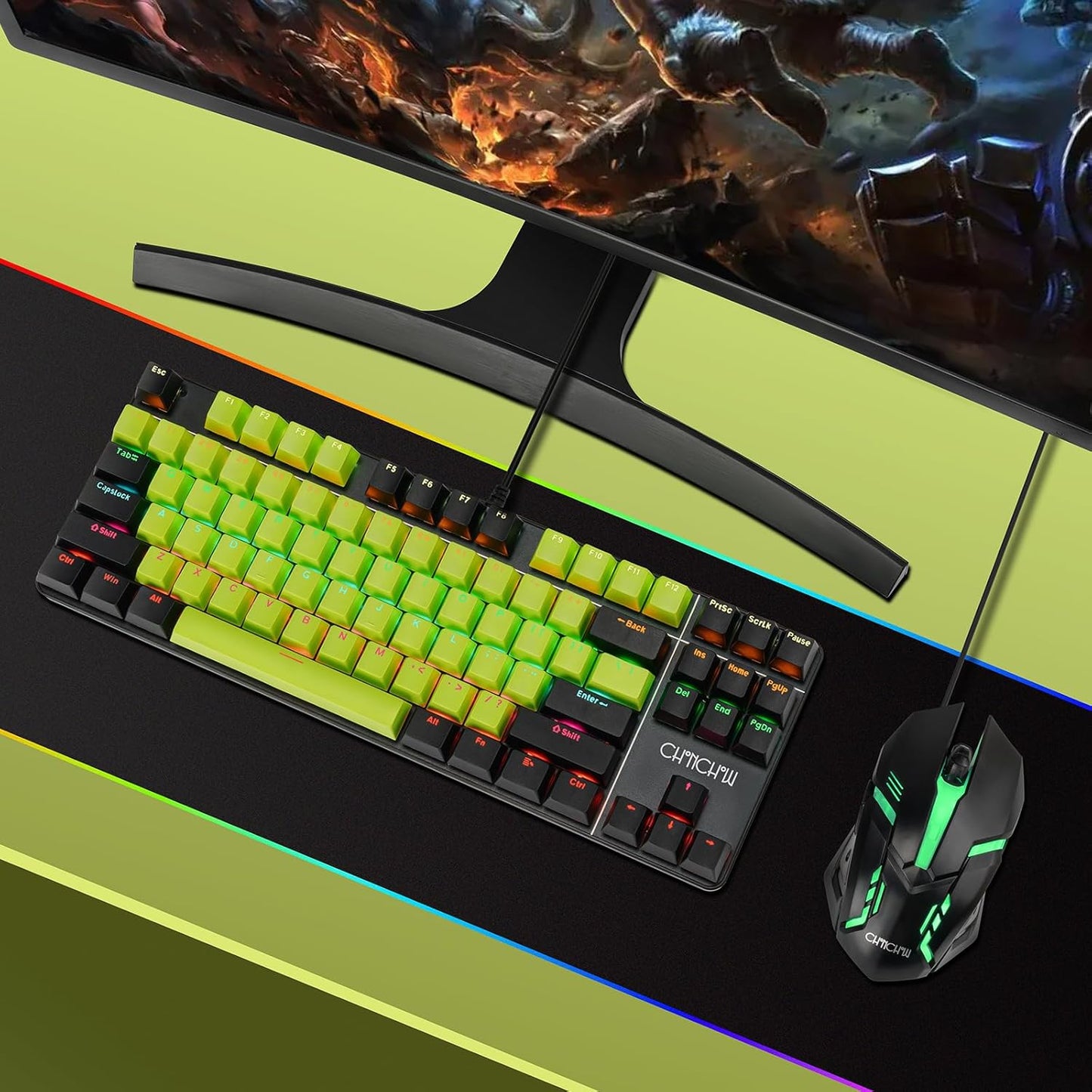 75% Mechanical Gaming Keyboard and Mouse Combo, LED Backlit Compact 87 Keys Mini Keyboard with Blue Switch, Ergonomic RGB Gaming Mouse, Full Anti-Ghost Wired Keyboards for PC Laptop Gamer - CHONCHOW