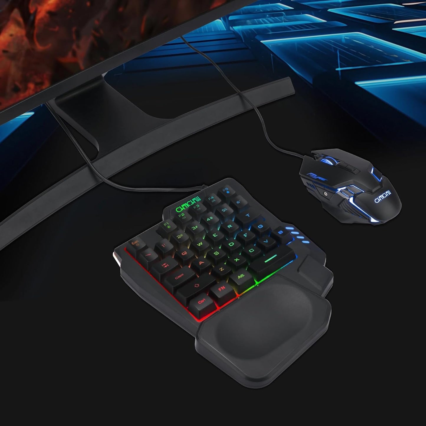 One Handed Half Keyboard Mouse USB Spilitter Type-C Adapter Gaming Combo with RGB LED Backlit 7200DPI CPI Customize 4 Port Adapter Mini Size Small Wired Set for LOL/Wow/fortnite/Dota/PUBG - CHONCHOW