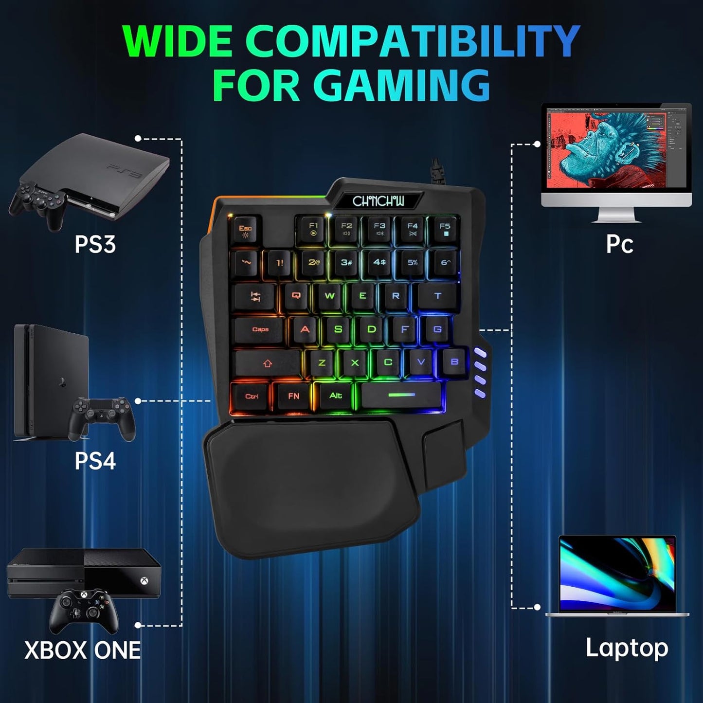 One Handed Half Keyboard Mouse USB Spilitter Type-C Adapter Gaming Combo with RGB LED Backlit 7200DPI CPI Customize 4 Port Adapter Mini Size Small Wired Set for LOL/Wow/fortnite/Dota/PUBG - CHONCHOW