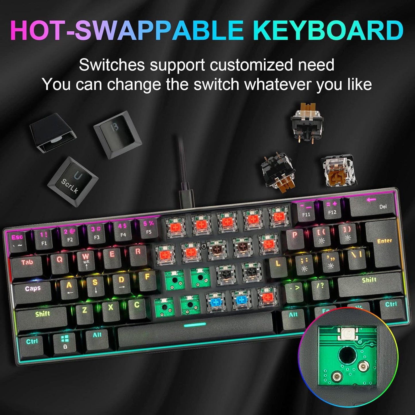 CHONCHOW Mechanical Mini Gaming Keyboard 60% Portable RGB Backlit with app Office Brown Switch Compact 61 Hotswap Key Macro Definiation Compatible with Windows Mac PC Laptop(Black) - CHONCHOW