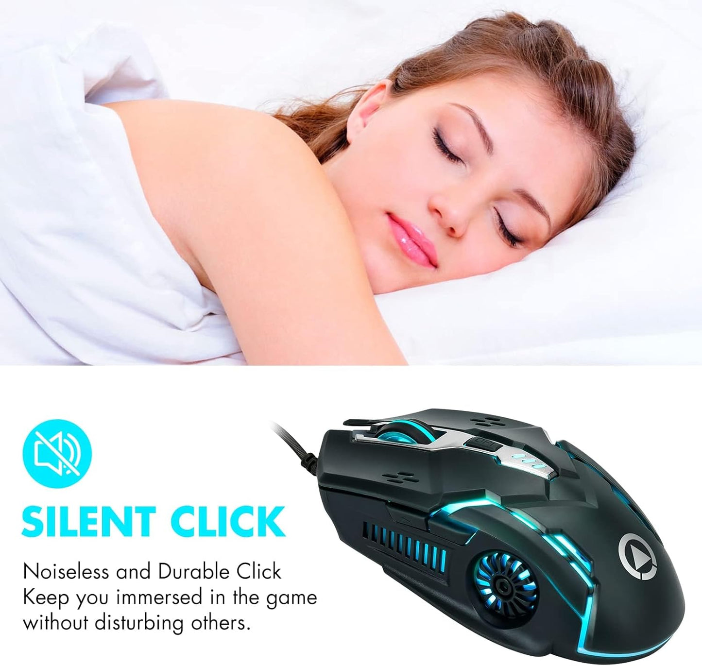 CHONCHOW Gaming Mouse, Wired Mouse, Mouse for Laptops, 3200 DPI LED Backlight 6 Button, 7 Color Breathing Lights with 1.5M Cable for Gamers, Silent Click, Plug and Play (White) - CHONCHOW