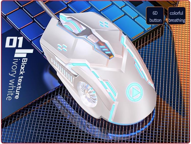 CHONCHOW Gaming Mouse, Wired Mouse, Mouse for Laptops, 3200 DPI LED Backlight 6 Button, 7 Color Breathing Lights with 1.5M Cable for Gamers, Silent Click, Plug and Play (White) - CHONCHOW