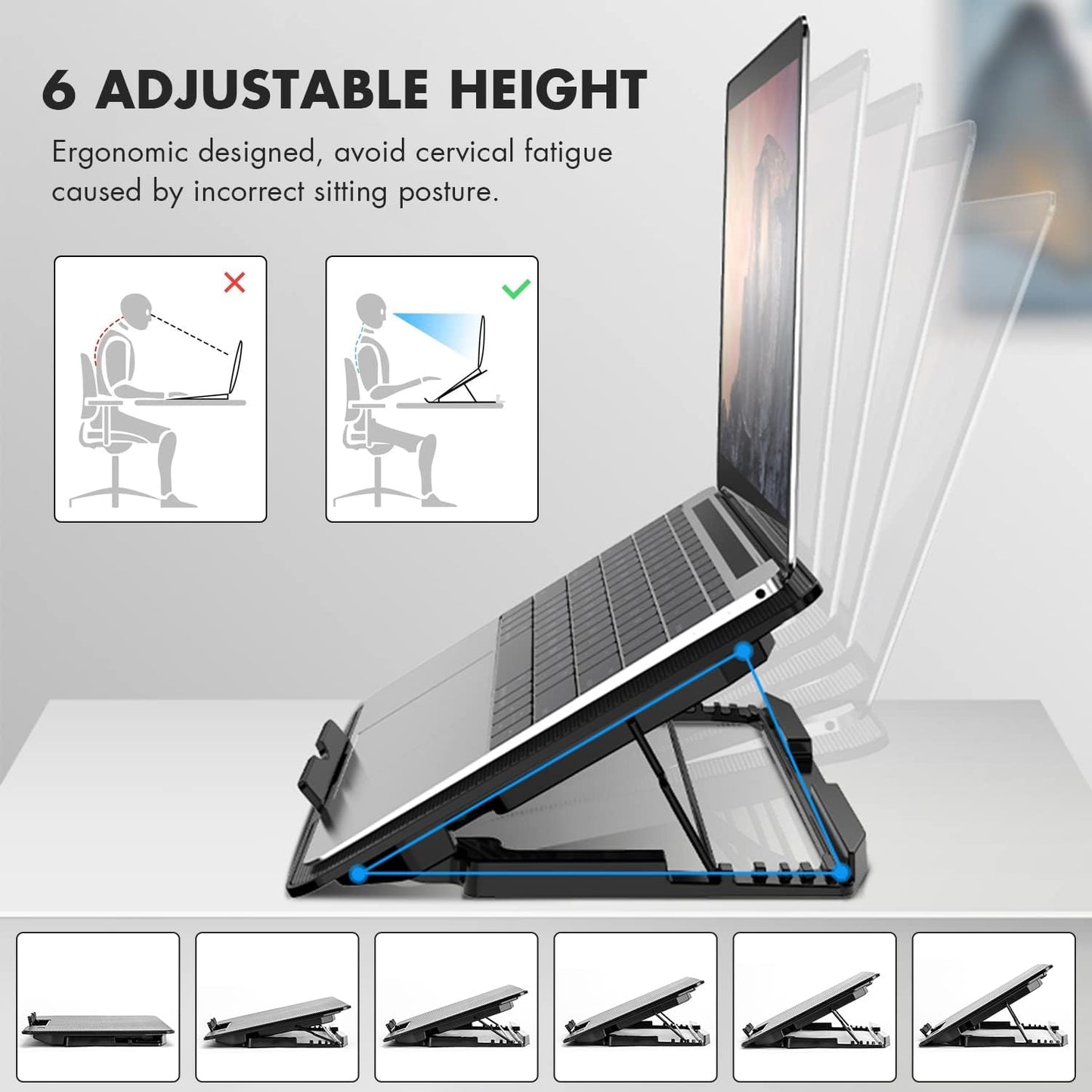 CHONCHOW Laptop Cooling Pad, Gaming Laptop Cooling Stand with LED Lights, 6 Quiet Cooling Fans, 6 Height Adjustable and Dual USB Ports for 11-16Inch Laptops (Black/Blue) - CHONCHOW