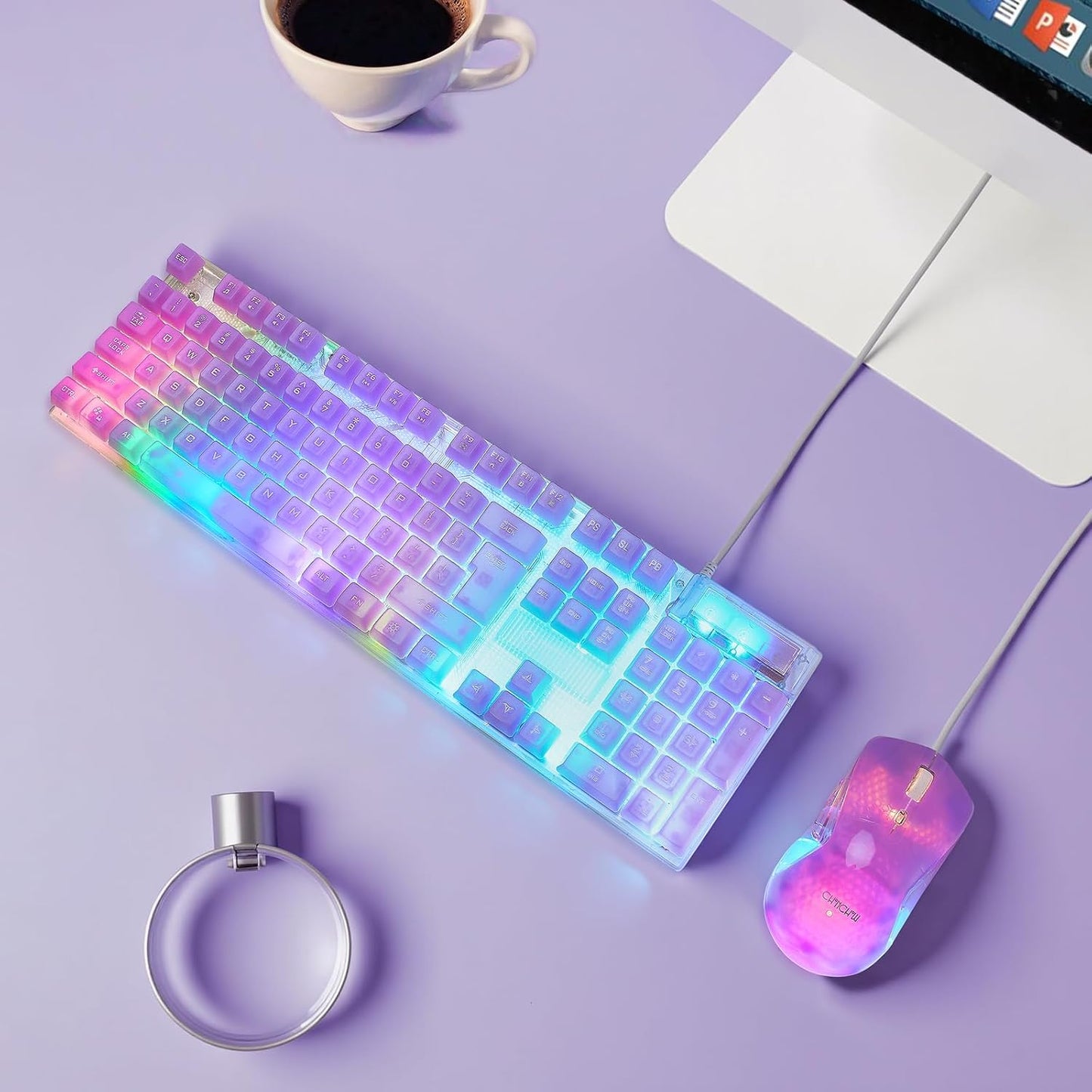 CHONCHOW LED Gaming Keyboad and Mouse Combo, Transparent RGB Rainbow Backlit Keyboard, 104 Keys Anti-ghosting USB Wired Keyboard, 7 Color RGB Gaming Mouse for PC Laptop Xbox PS4 Gamers and Work - CHONCHOW