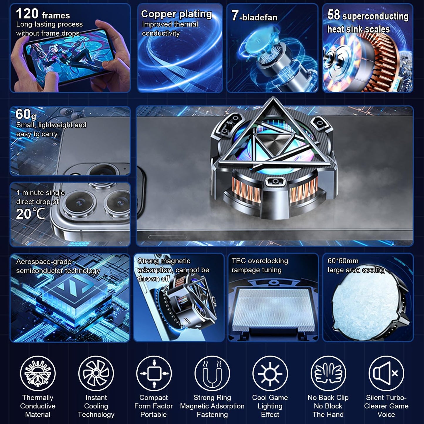 CHONCHOW Magnetic Mobile Cooler, Phone Cooler for iPhone 12/13/14 Compatible,RGB Lights,Gaming Fan for Android and iPhone, iPad/Mobile Phone USB Cooling Fan Cooler (Black) - CHONCHOW