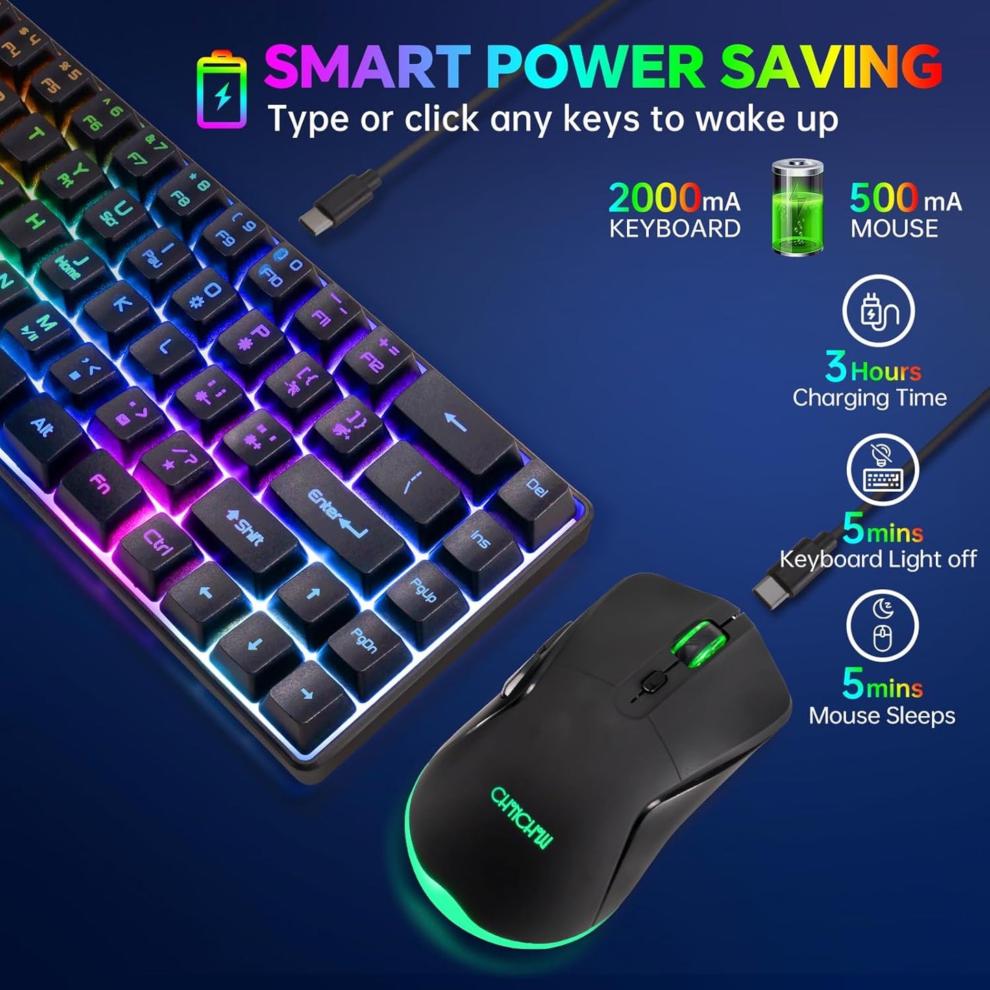 CHONCHOW 60% Wireless Gaming Keyboard and Mouse Combo,LED Backlit Rechargeable 2000mAh Battery, Portable 68 Keys Waterproof Small Compact Keyboard Mice for PC/Mac Gamer,Business Office - CHONCHOW
