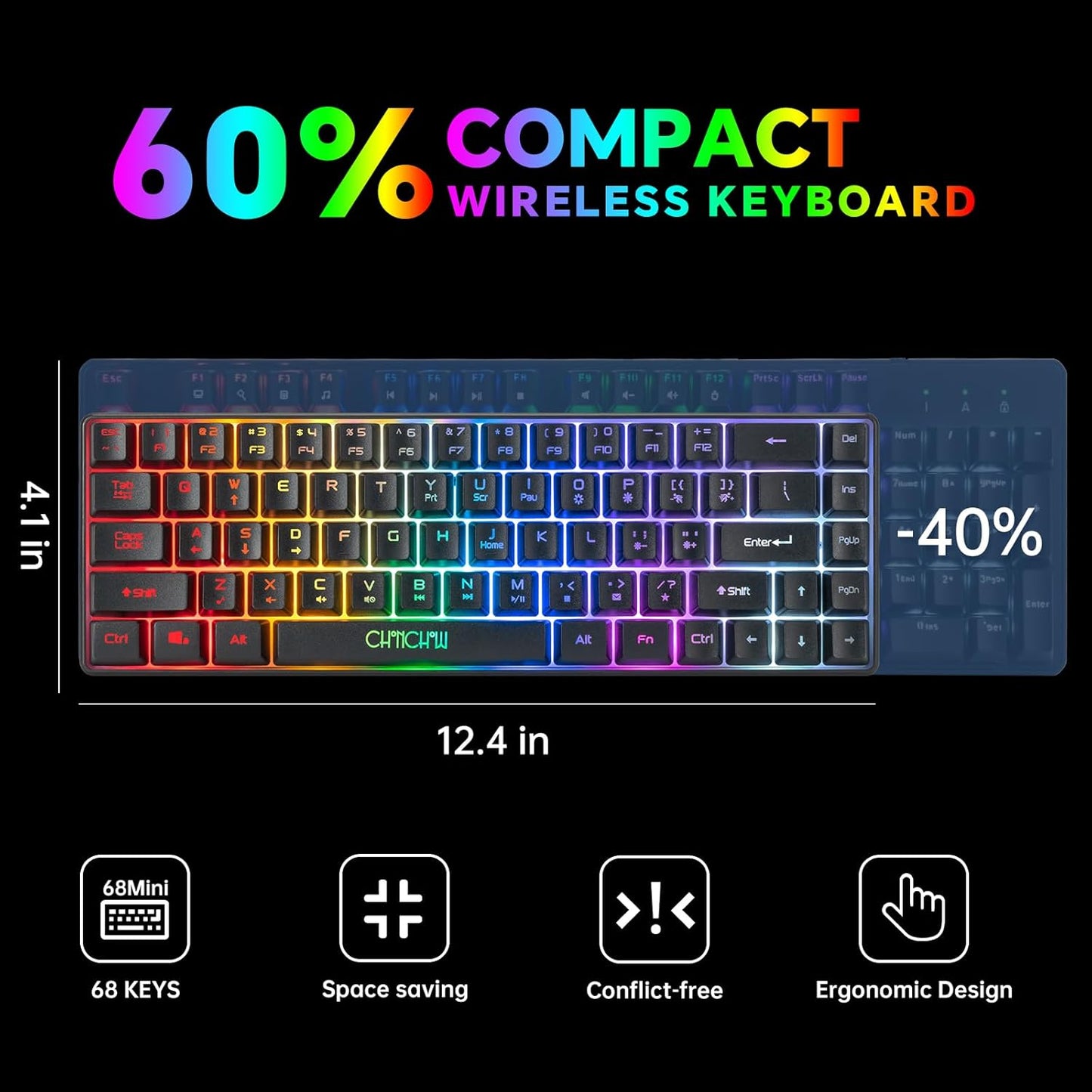 CHONCHOW 60% Wireless Gaming Keyboard and Mouse Combo,LED Backlit Rechargeable 2000mAh Battery, Portable 68 Keys Waterproof Small Compact Keyboard Mice for PC/Mac Gamer,Business Office - CHONCHOW
