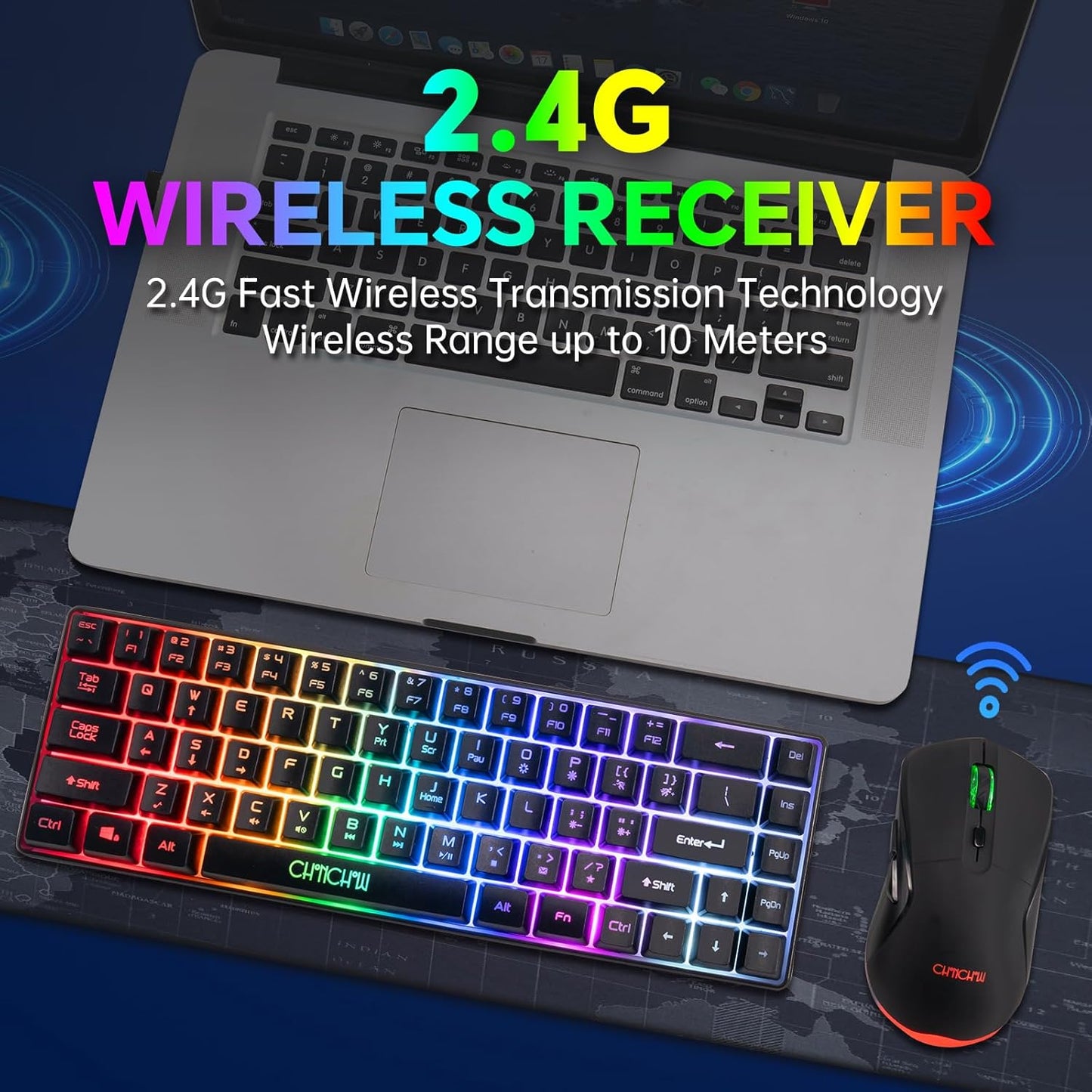 CHONCHOW 60% Wireless Gaming Keyboard and Mouse Combo,LED Backlit Rechargeable 2000mAh Battery, Portable 68 Keys Waterproof Small Compact Keyboard Mice for PC/Mac Gamer,Business Office - CHONCHOW
