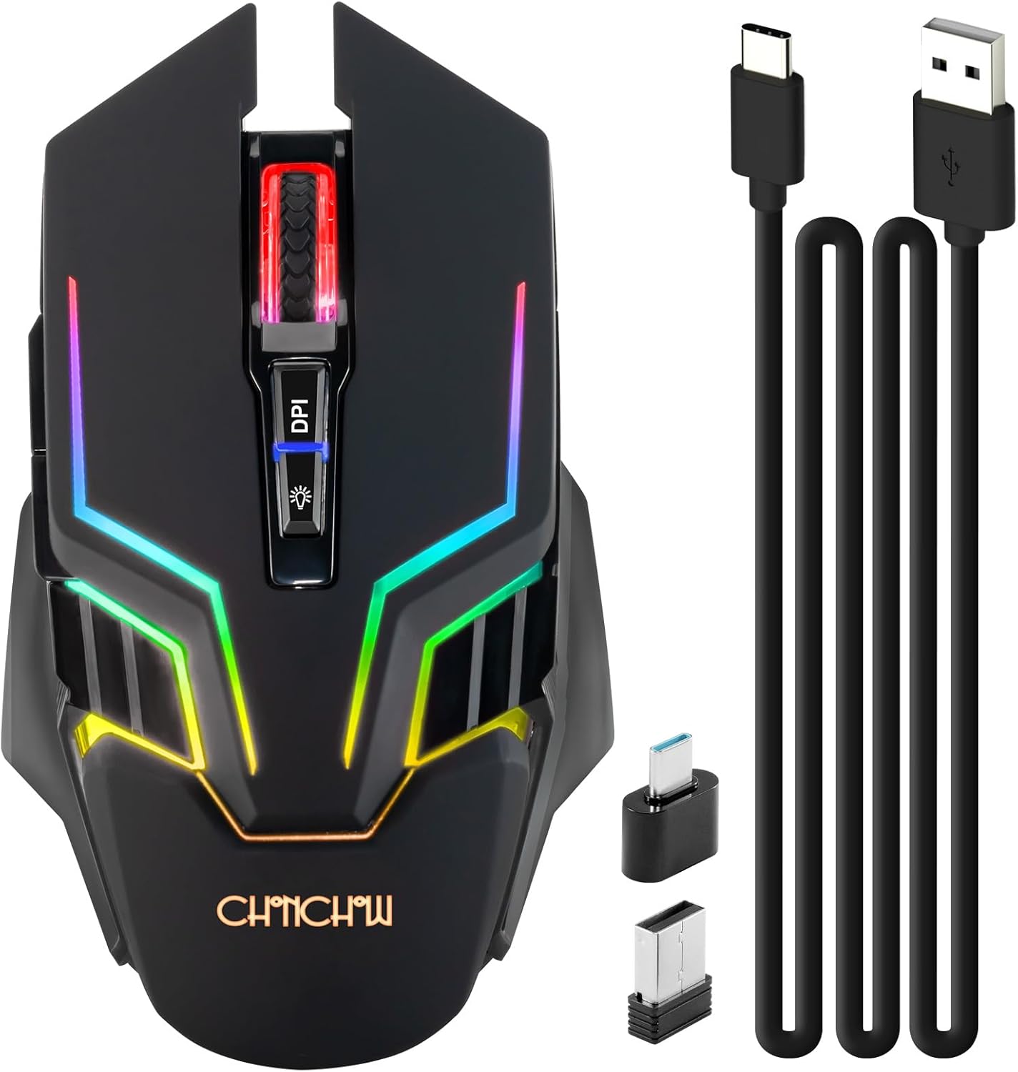 CHONCHOW Wireless Gaming Mouse for PC, RGB Backlit, 12 Light Modes, 2.4G Receiver/USB-C, Up to 3200 DPI, Rechargeable Wireless Computer Mice with 58inch Charge Cable for Laptop/Windows/PS4 Gamer-Black - CHONCHOW