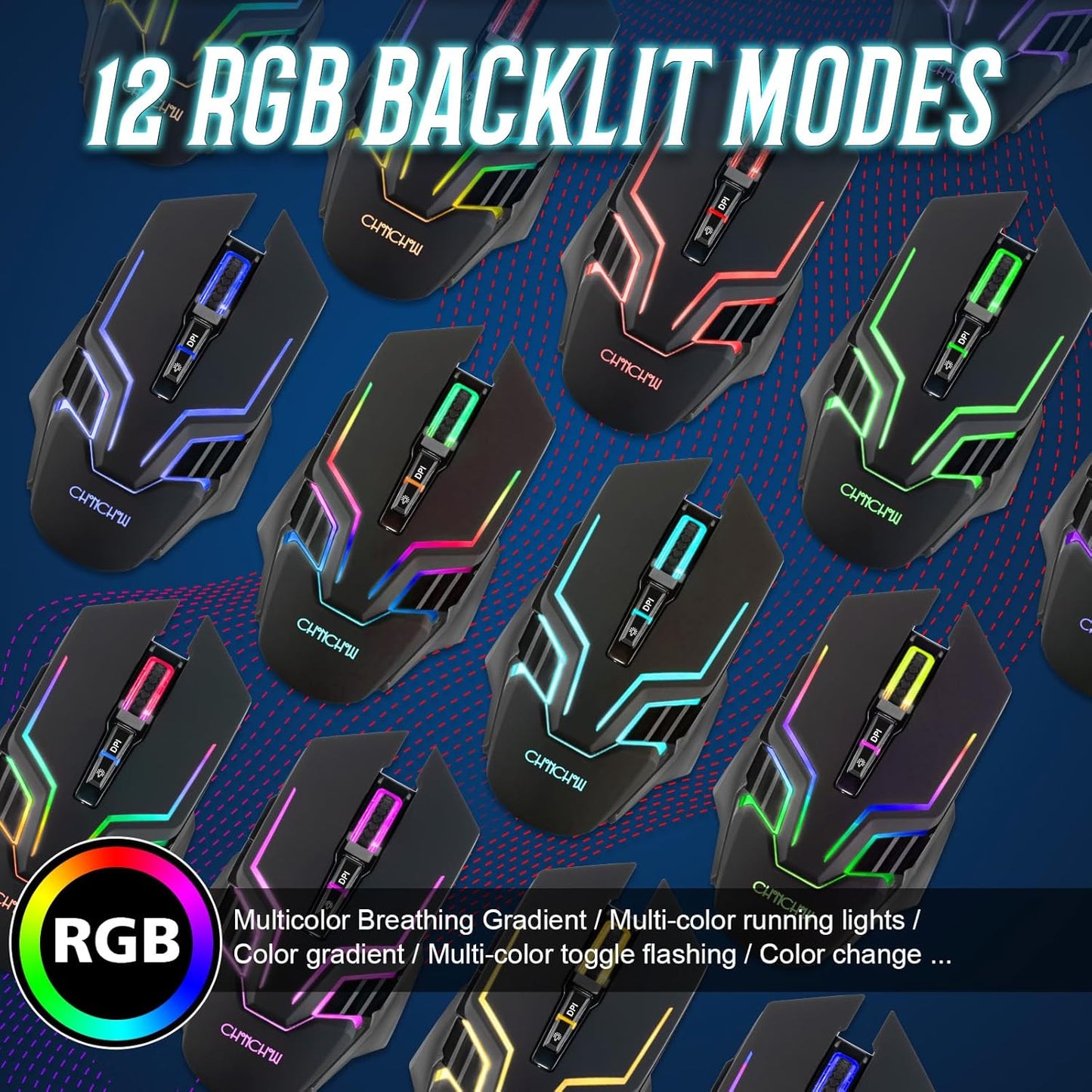 CHONCHOW Wireless Gaming Mouse for PC, RGB Backlit, 12 Light Modes, 2.4G Receiver/USB-C, Up to 3200 DPI, Rechargeable Wireless Computer Mice with 58inch Charge Cable for Laptop/Windows/PS4 Gamer-Black - CHONCHOW