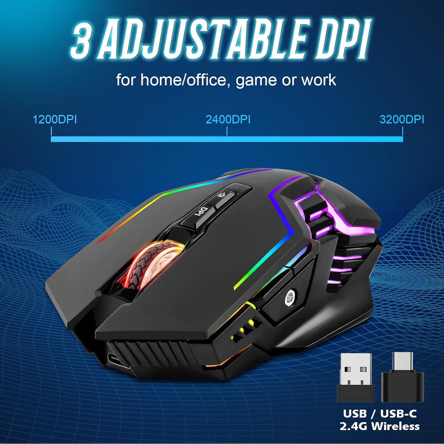 CHONCHOW Wireless Gaming Mouse for PC, RGB Backlit, 12 Light Modes, 2.4G Receiver/USB-C, Up to 3200 DPI, Rechargeable Wireless Computer Mice with 58inch Charge Cable for Laptop/Windows/PS4 Gamer-Black - CHONCHOW