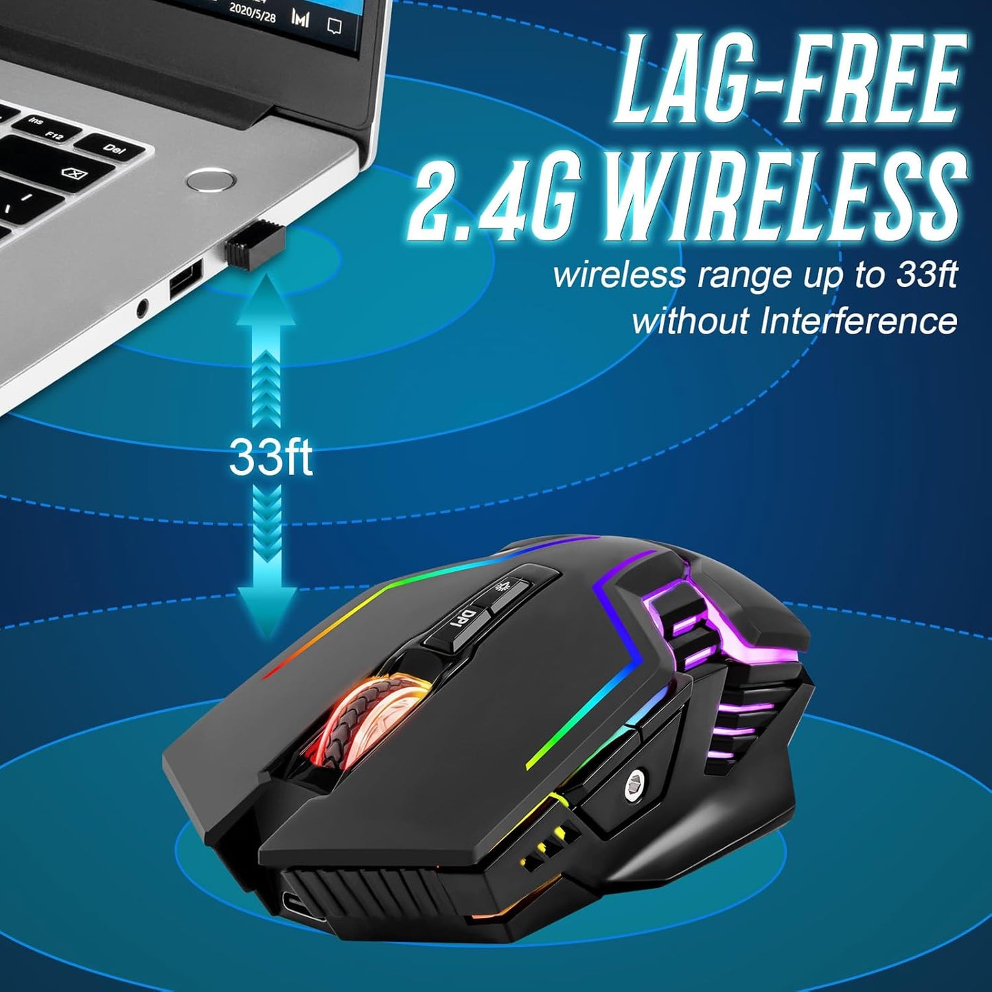CHONCHOW Wireless Gaming Mouse for PC, RGB Backlit, 12 Light Modes, 2.4G Receiver/USB-C, Up to 3200 DPI, Rechargeable Wireless Computer Mice with 58inch Charge Cable for Laptop/Windows/PS4 Gamer-Black - CHONCHOW