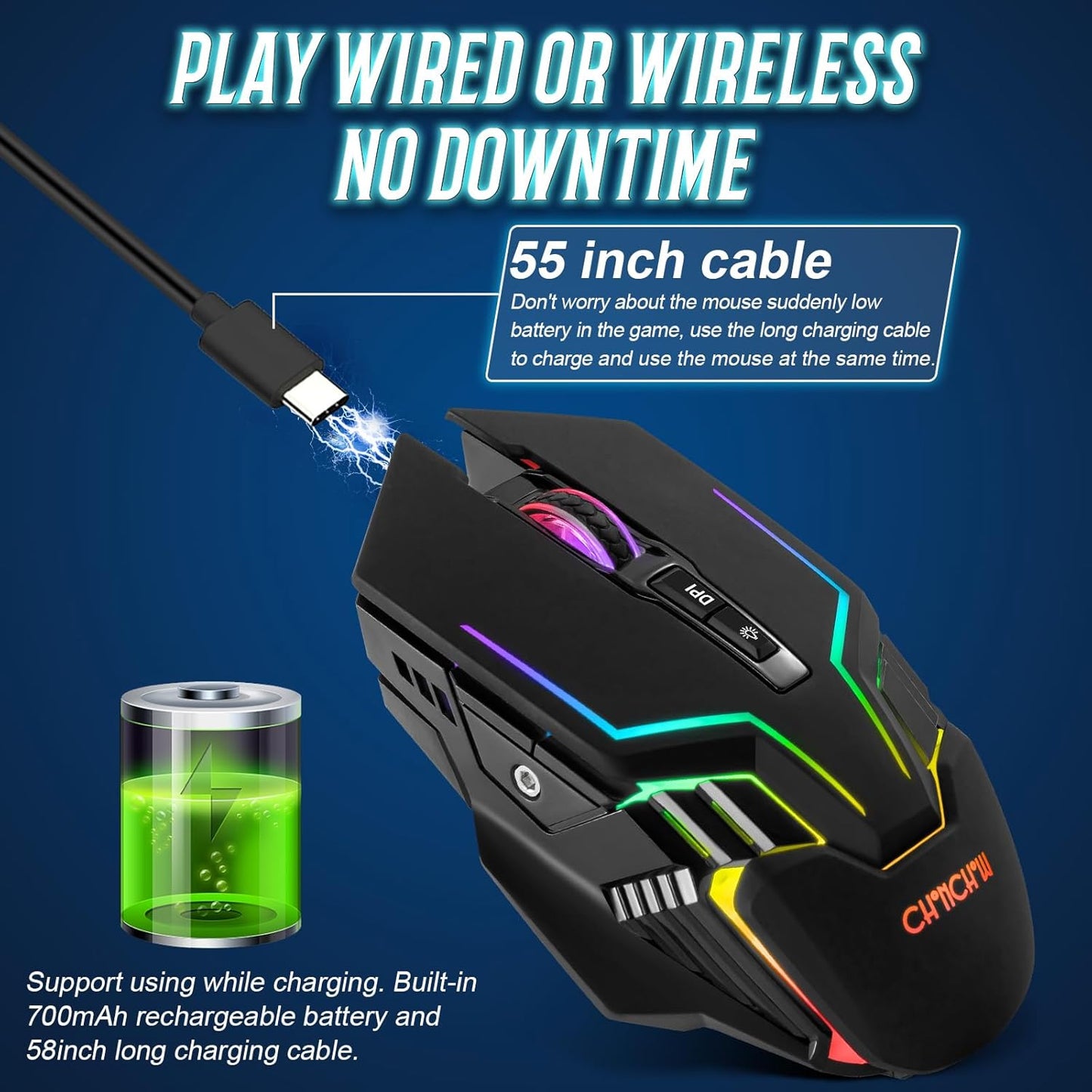 CHONCHOW Wireless Gaming Mouse for PC, RGB Backlit, 12 Light Modes, 2.4G Receiver/USB-C, Up to 3200 DPI, Rechargeable Wireless Computer Mice with 58inch Charge Cable for Laptop/Windows/PS4 Gamer-Black - CHONCHOW