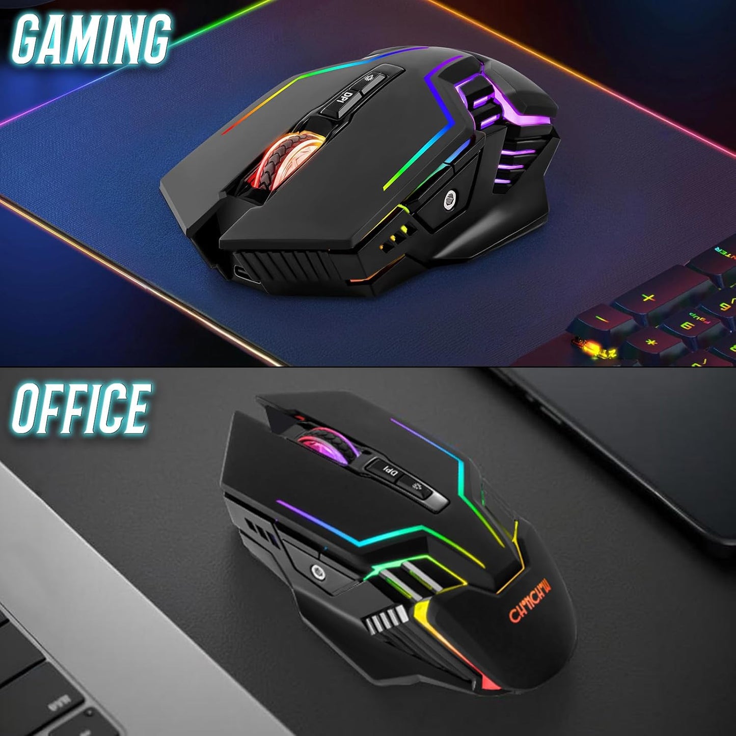 CHONCHOW Wireless Gaming Mouse for PC, RGB Backlit, 12 Light Modes, 2.4G Receiver/USB-C, Up to 3200 DPI, Rechargeable Wireless Computer Mice with 58inch Charge Cable for Laptop/Windows/PS4 Gamer-Black - CHONCHOW