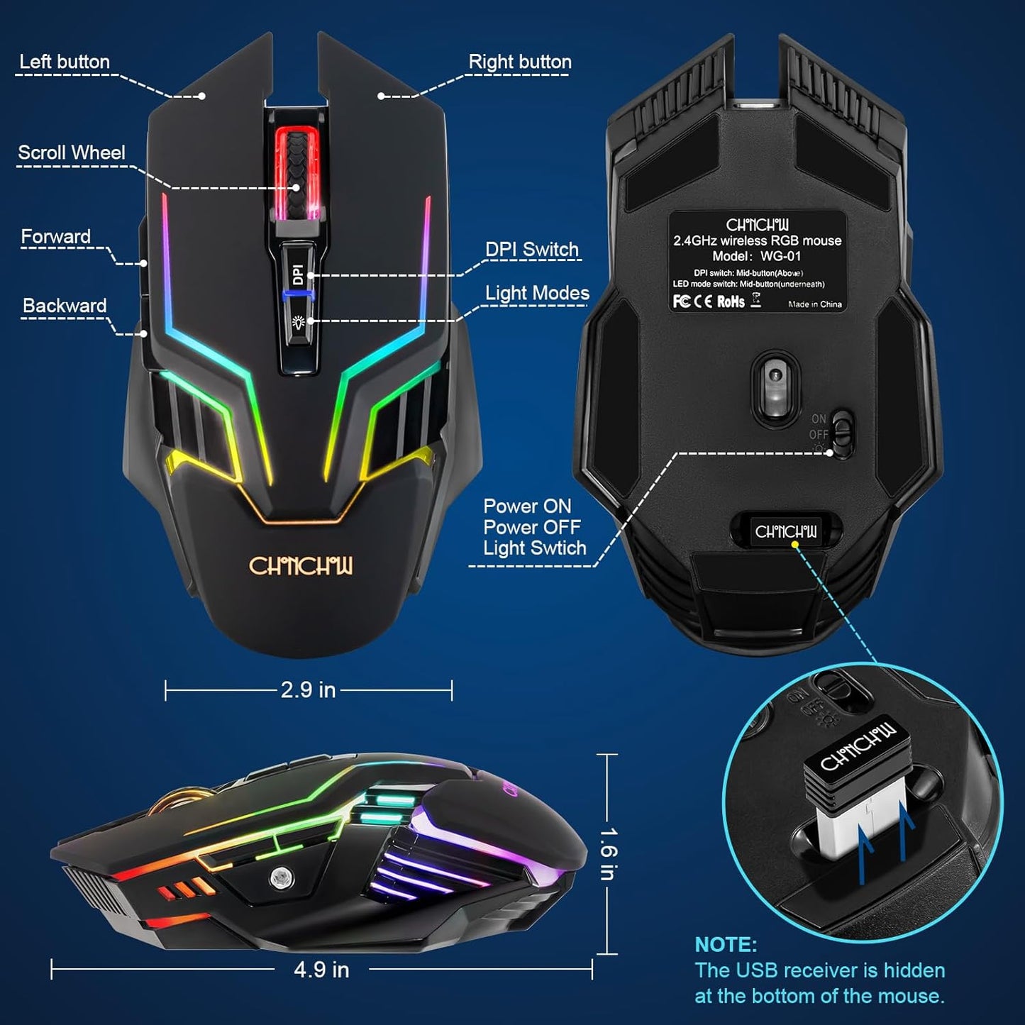 CHONCHOW Wireless Gaming Mouse for PC, RGB Backlit, 12 Light Modes, 2.4G Receiver/USB-C, Up to 3200 DPI, Rechargeable Wireless Computer Mice with 58inch Charge Cable for Laptop/Windows/PS4 Gamer-Black - CHONCHOW