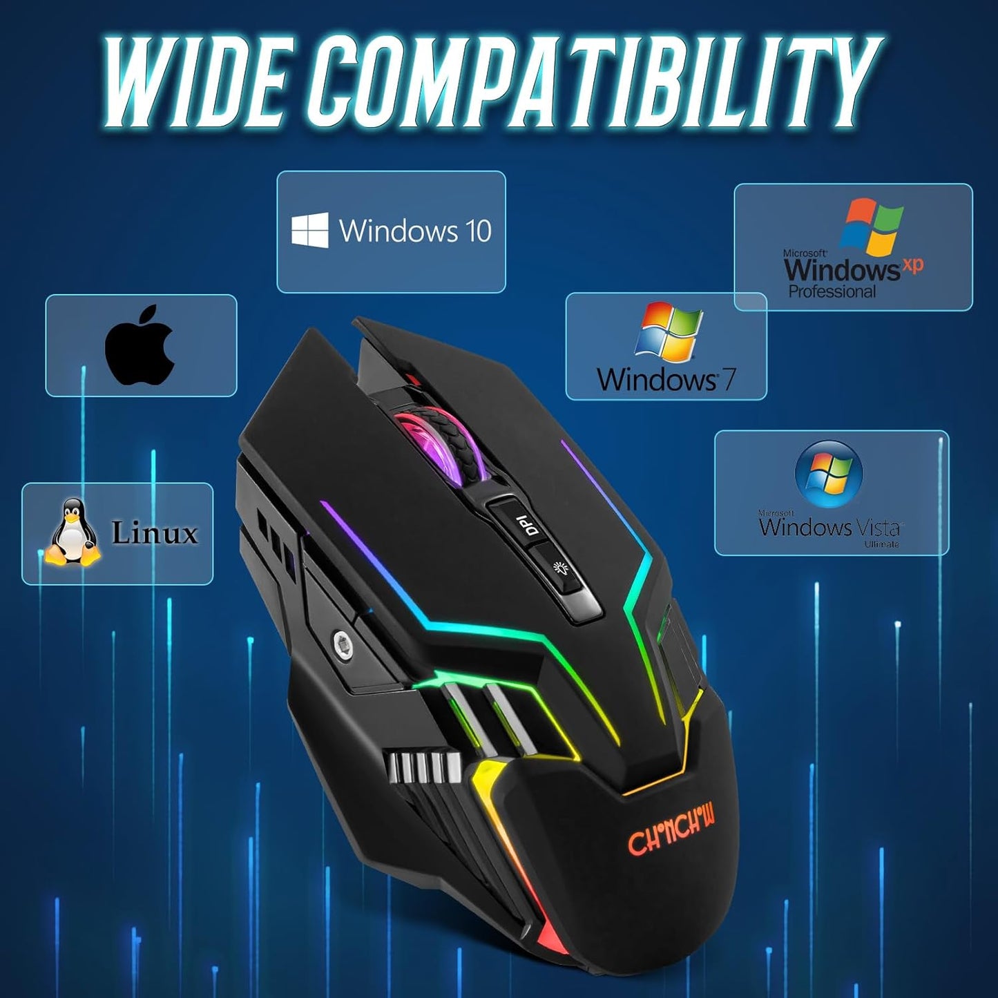 CHONCHOW Wireless Gaming Mouse for PC, RGB Backlit, 12 Light Modes, 2.4G Receiver/USB-C, Up to 3200 DPI, Rechargeable Wireless Computer Mice with 58inch Charge Cable for Laptop/Windows/PS4 Gamer-Black - CHONCHOW