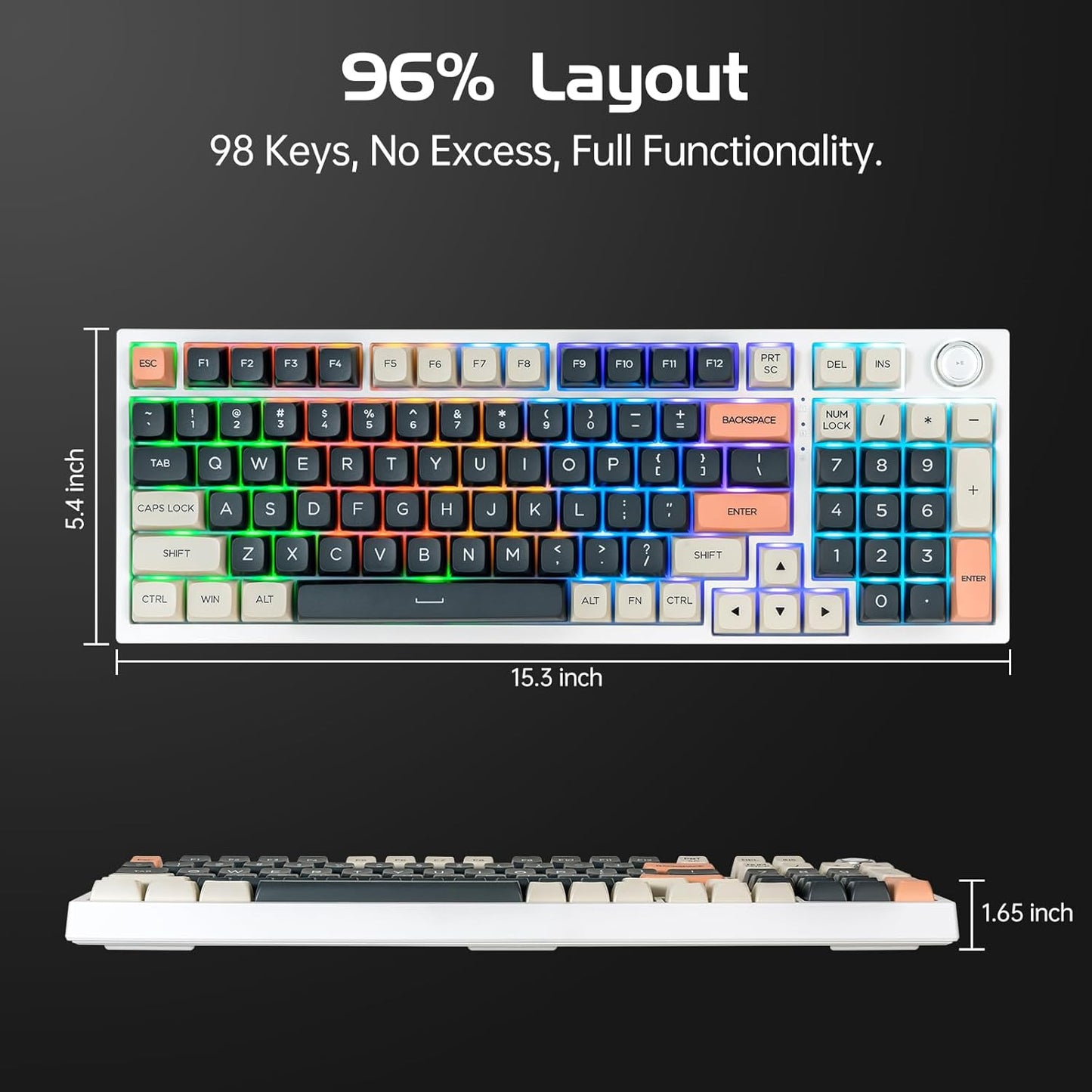 CHONCHOW Wired Mechanical Gaming Keyboard, 98 Keys LED Backlit Gaming Keyboard, 96% Hot Swappable Custom Keyboard with Dedicated Volume Knob Control, Pre-lubed Red Switch - CHONCHOW