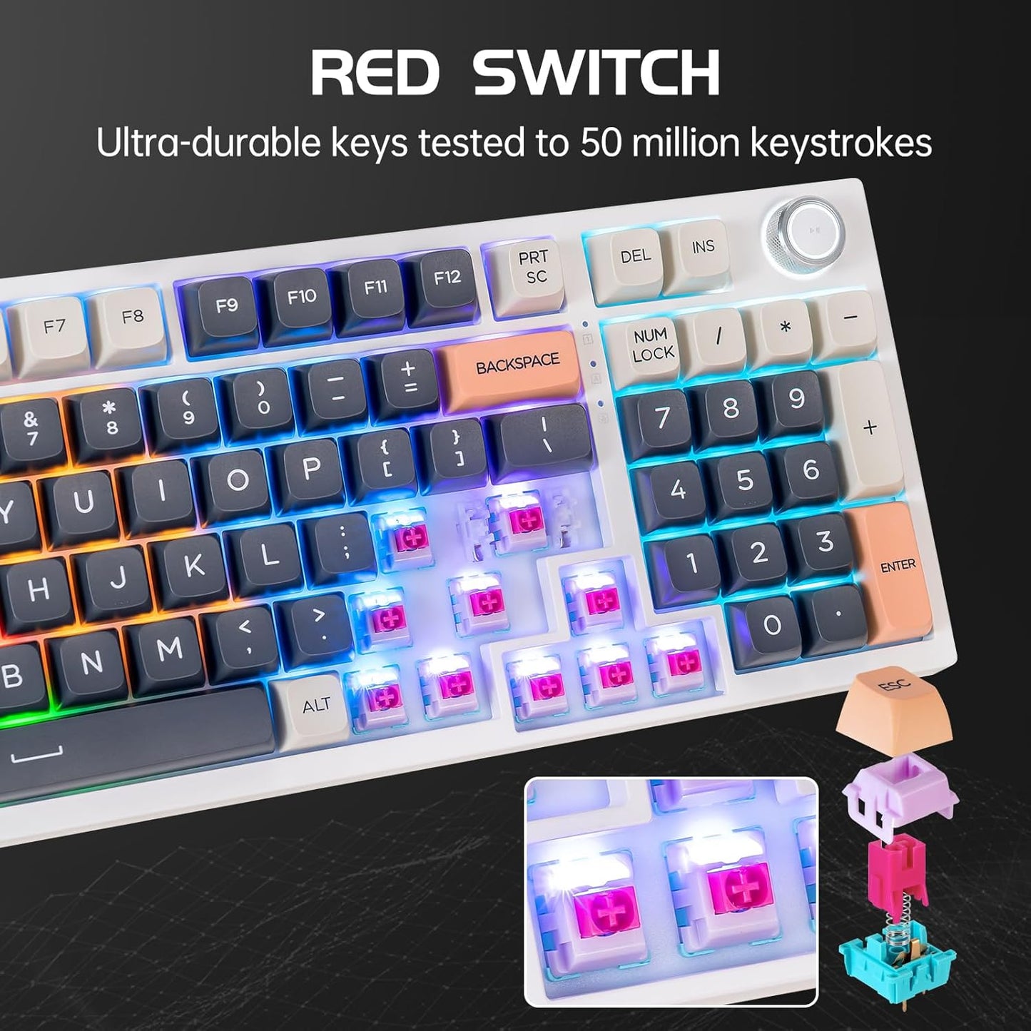CHONCHOW Wired Mechanical Gaming Keyboard, 98 Keys LED Backlit Gaming Keyboard, 96% Hot Swappable Custom Keyboard with Dedicated Volume Knob Control, Pre-lubed Red Switch - CHONCHOW
