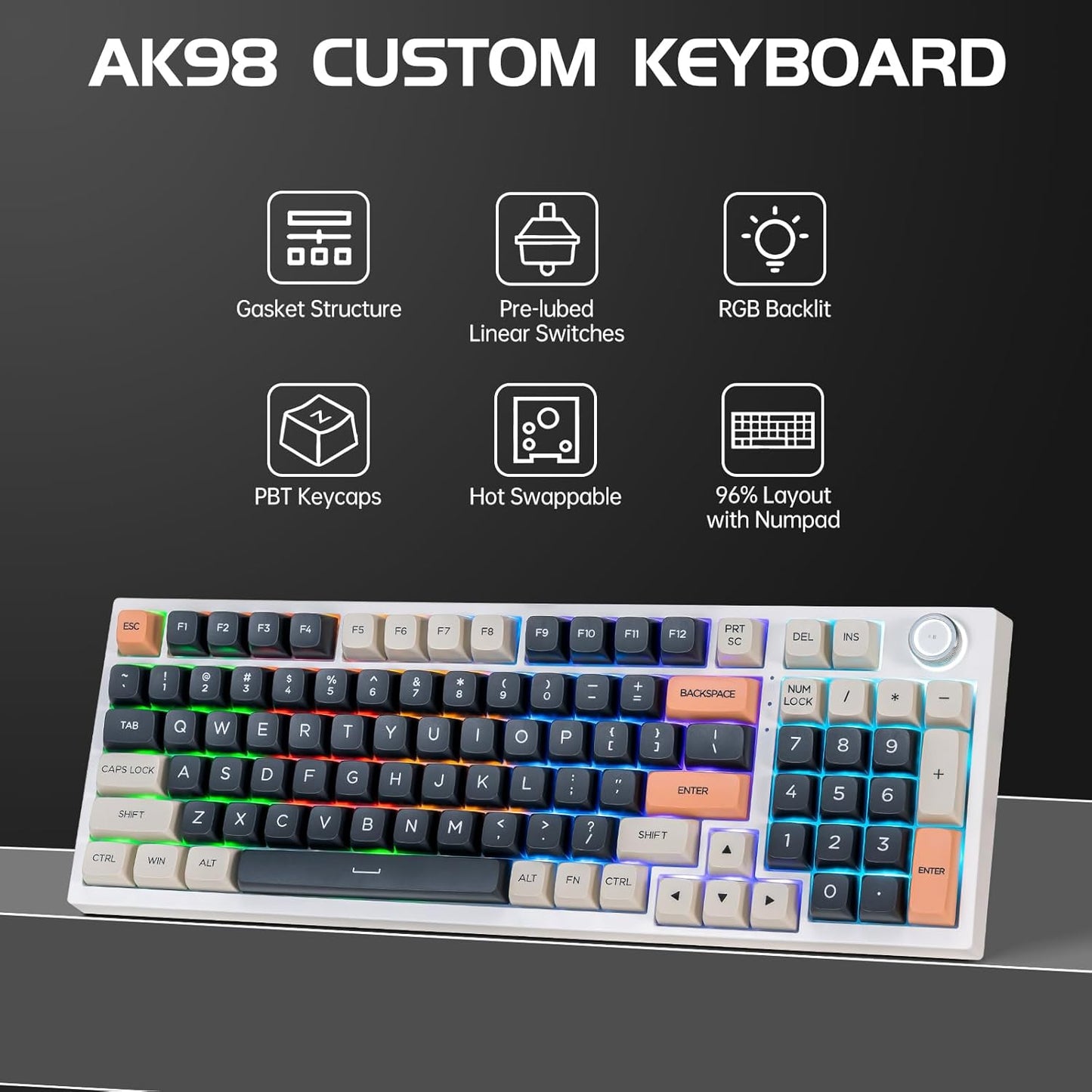 CHONCHOW Wired Mechanical Gaming Keyboard, 98 Keys LED Backlit Gaming Keyboard, 96% Hot Swappable Custom Keyboard with Dedicated Volume Knob Control, Pre-lubed Red Switch - CHONCHOW