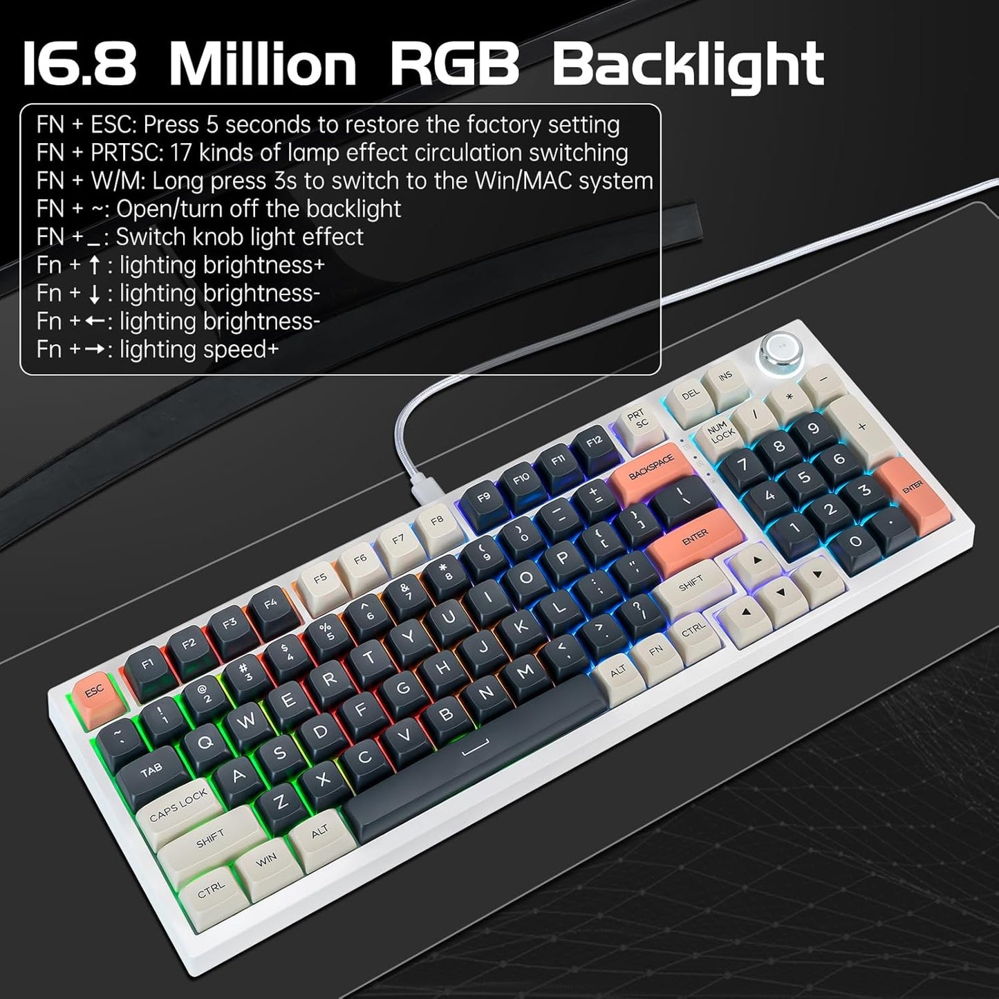 CHONCHOW Wired Mechanical Gaming Keyboard, 98 Keys LED Backlit Gaming Keyboard, 96% Hot Swappable Custom Keyboard with Dedicated Volume Knob Control, Pre-lubed Red Switch - CHONCHOW