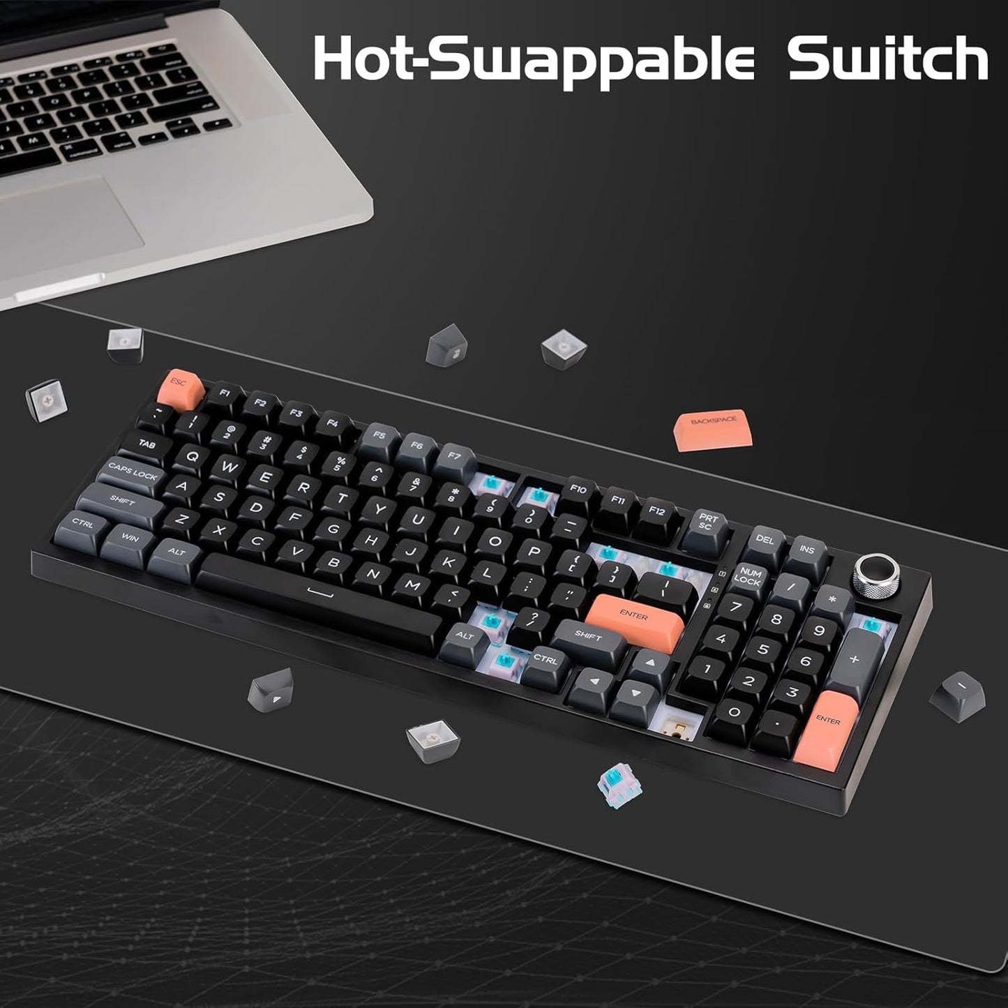 CHONCHOW Wired Mechanical Gaming Keyboard, 98 Keys LED Backlit Gaming Keyboard, 96% Hot Swappable Custom Keyboard with Dedicated Volume Knob Control, Pre-lubed Blue Switch - CHONCHOW