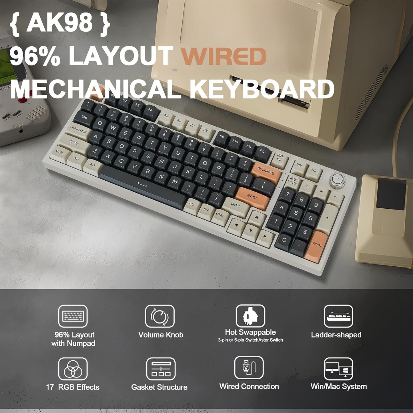 CHONCHOW AK98W Gaming Keyboard with Knob,Creamy Keyboard with Num pad, USB C Wired,Gasket Mount Acoustic Foam,RGB Backlit,Large Print PBT Key,Hot Swap, Silent Mechanical Keyboard for Win/Mac - CHONCHOW