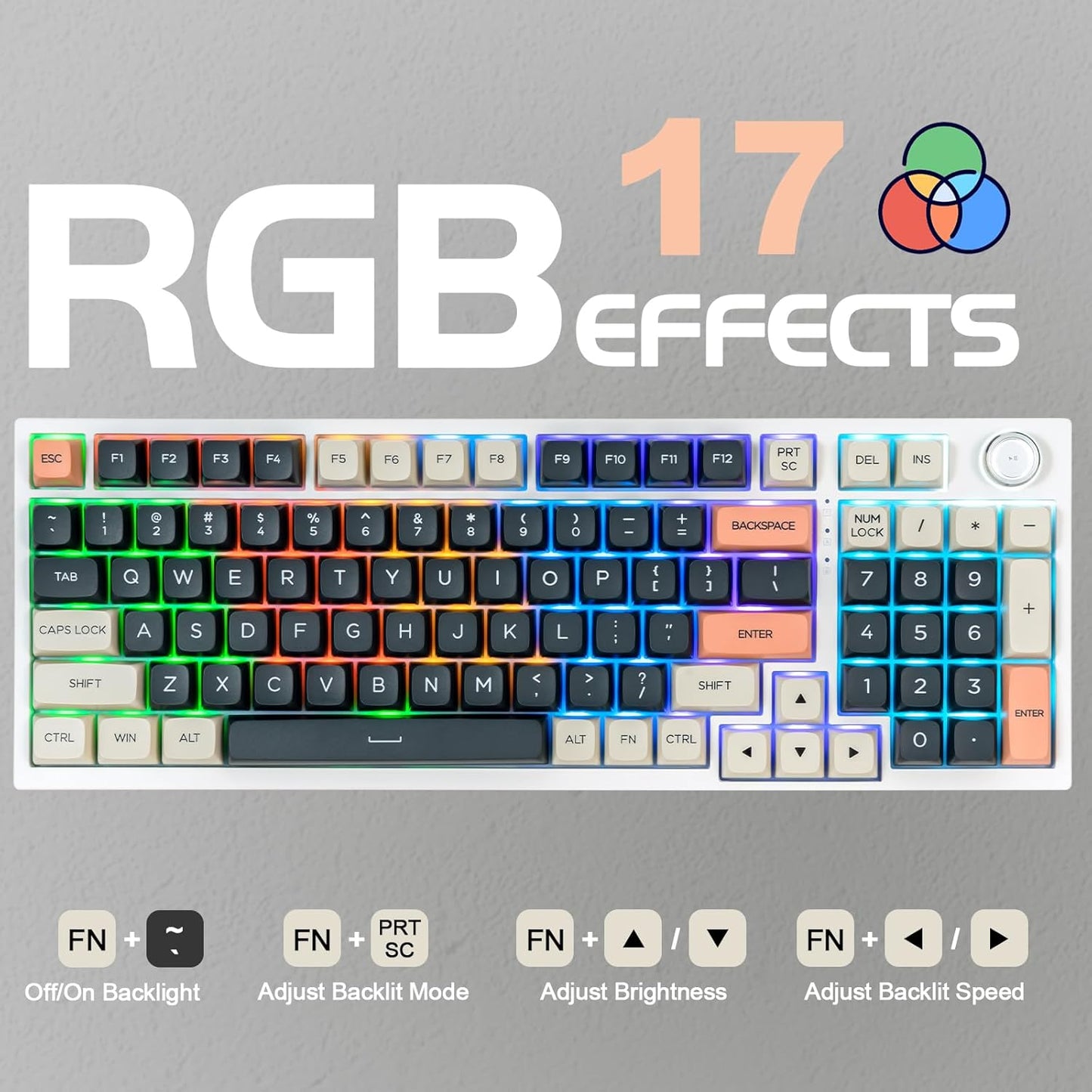 CHONCHOW AK98W Gaming Keyboard with Knob,Creamy Keyboard with Num pad, USB C Wired,Gasket Mount Acoustic Foam,RGB Backlit,Large Print PBT Key,Hot Swap, Silent Mechanical Keyboard for Win/Mac - CHONCHOW