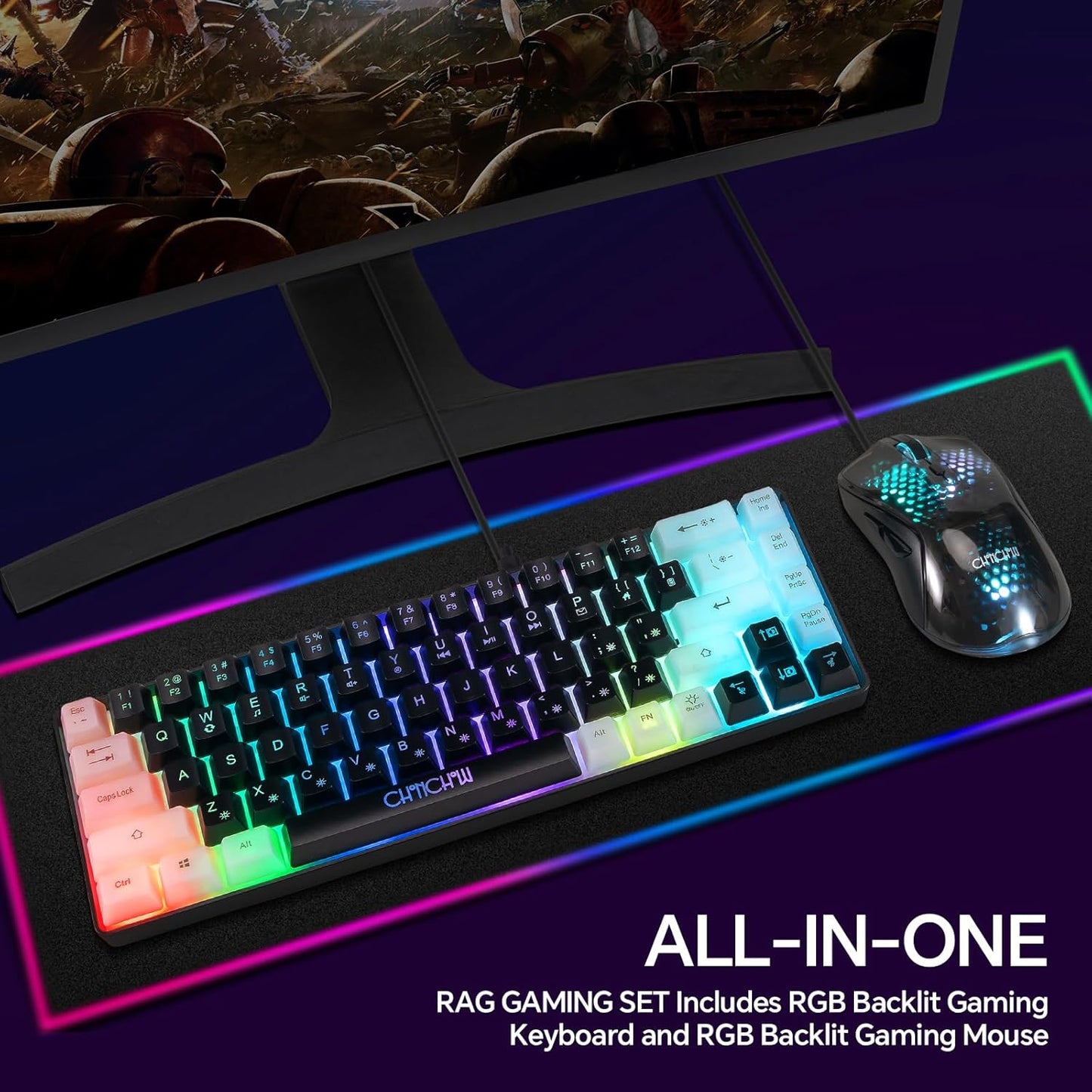 CHONCHOW 60% Gaming Keyboard and Mouse Combo, 68 Keys Wired LED RGB Backlit Black Gaming Keyboard and RGB Backlit Gaming Mouse, Small Light up Keyboard for PC Xbox PS4 Gamers and Work(Black-White) - CHONCHOW