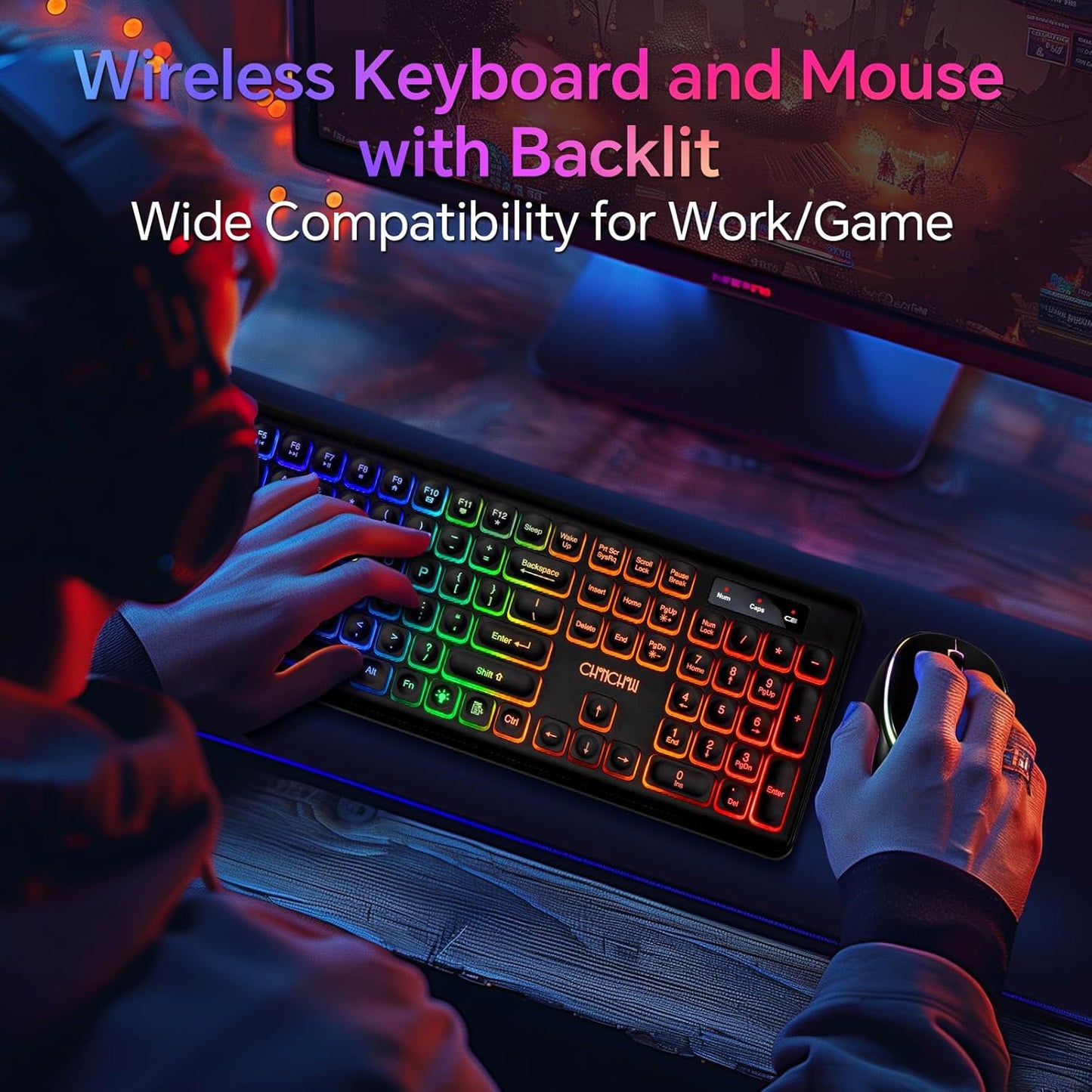 CHONCHOW Wireless Keyboard and Mouse Combo with Backlit, USB Rechargeable & Full Size LED Light Up, Ergonomic Tilt Angle, 2.4GHz Silent Keyboard Mouse, 3 DPI Adjustable for PC, Laptop, Mac, Windows - CHONCHOW