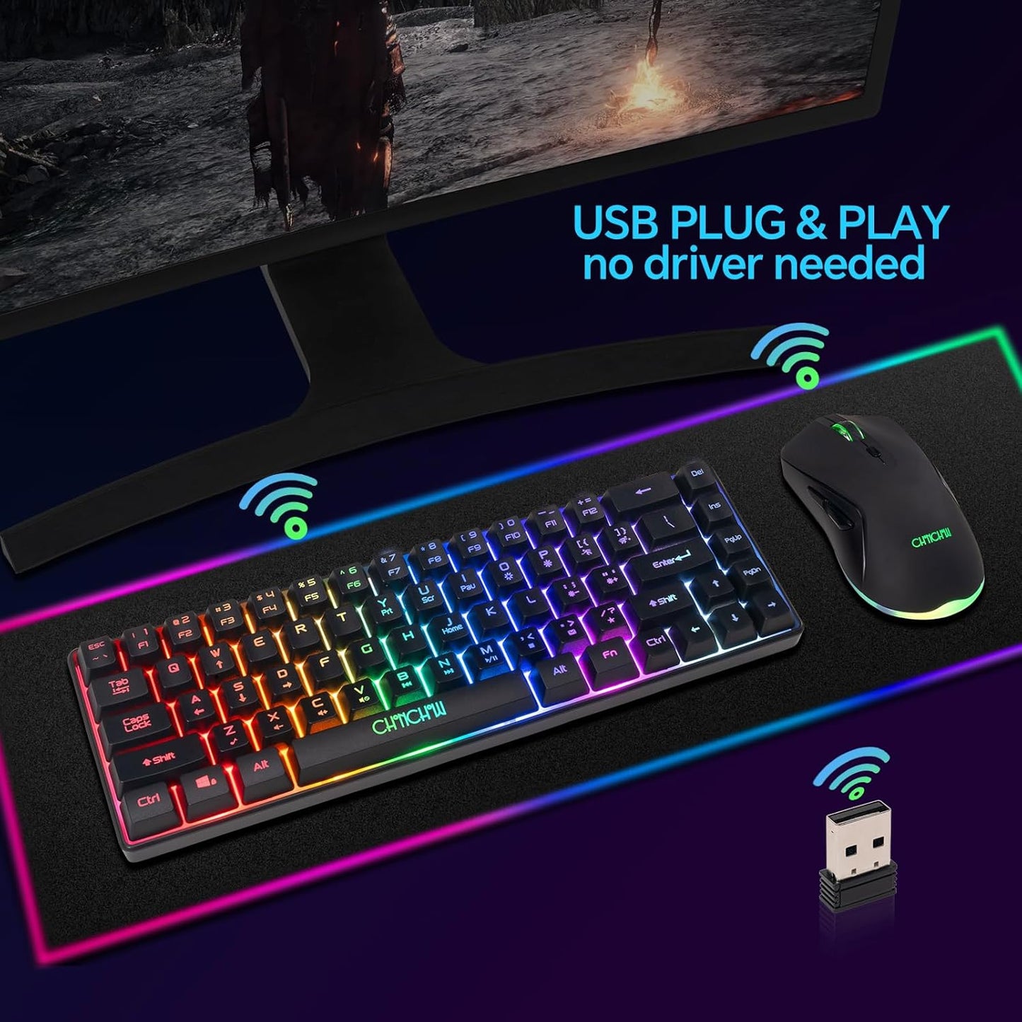 CHONCHOW 60% Wireless Gaming Keyboard and Mouse Combo,RGB Backlit Rechargeable LED Light Up Keyboard Ergonomic Wireless Mouse,Wireless Gaming Mouse and Keyboard for Xbox PS4 PS5 PC Laptop -Black - CHONCHOW