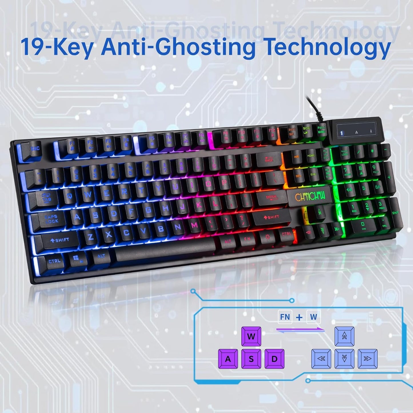 CHONCHOW Rainbow LED Backlit USB Wired Gaming Keyboard with 19-Key Anti-ghosting for pc, Laptop, ps4 ps5-adjustbale Backlight & Ergonomic Design & 1.5m Long Cable - CHONCHOW