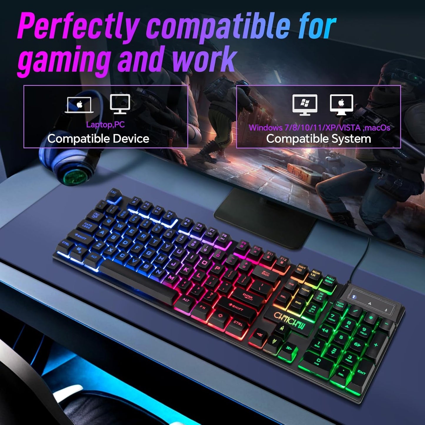 CHONCHOW Wired Gaming Keyboard, 104 Keys Full Size, with Anti-Ghosting and Multimedia Keys, LED Backlit Light Up Keyboard for PC Mac Laptop Desktop, Gaming or Office - CHONCHOW