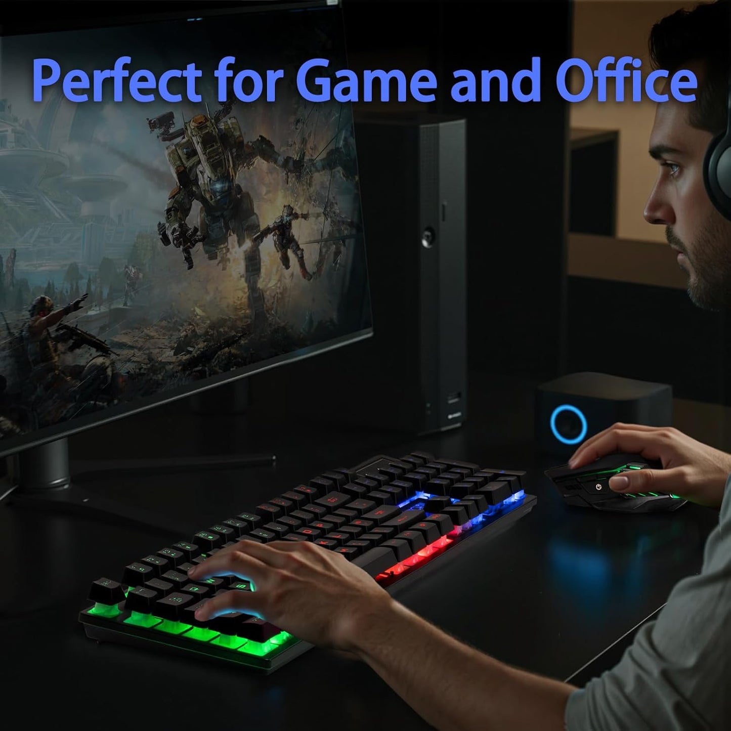 CHONCHOW Wireless Keyboard and Mouse Combo - 2.4G Rechargeable USB Wireless Rainbow LED Backlit Gaming Keyboard,Anti-ghosting Multimedia Keys Mechanical Feel for PC Laptops PS Xbox - CHONCHOW