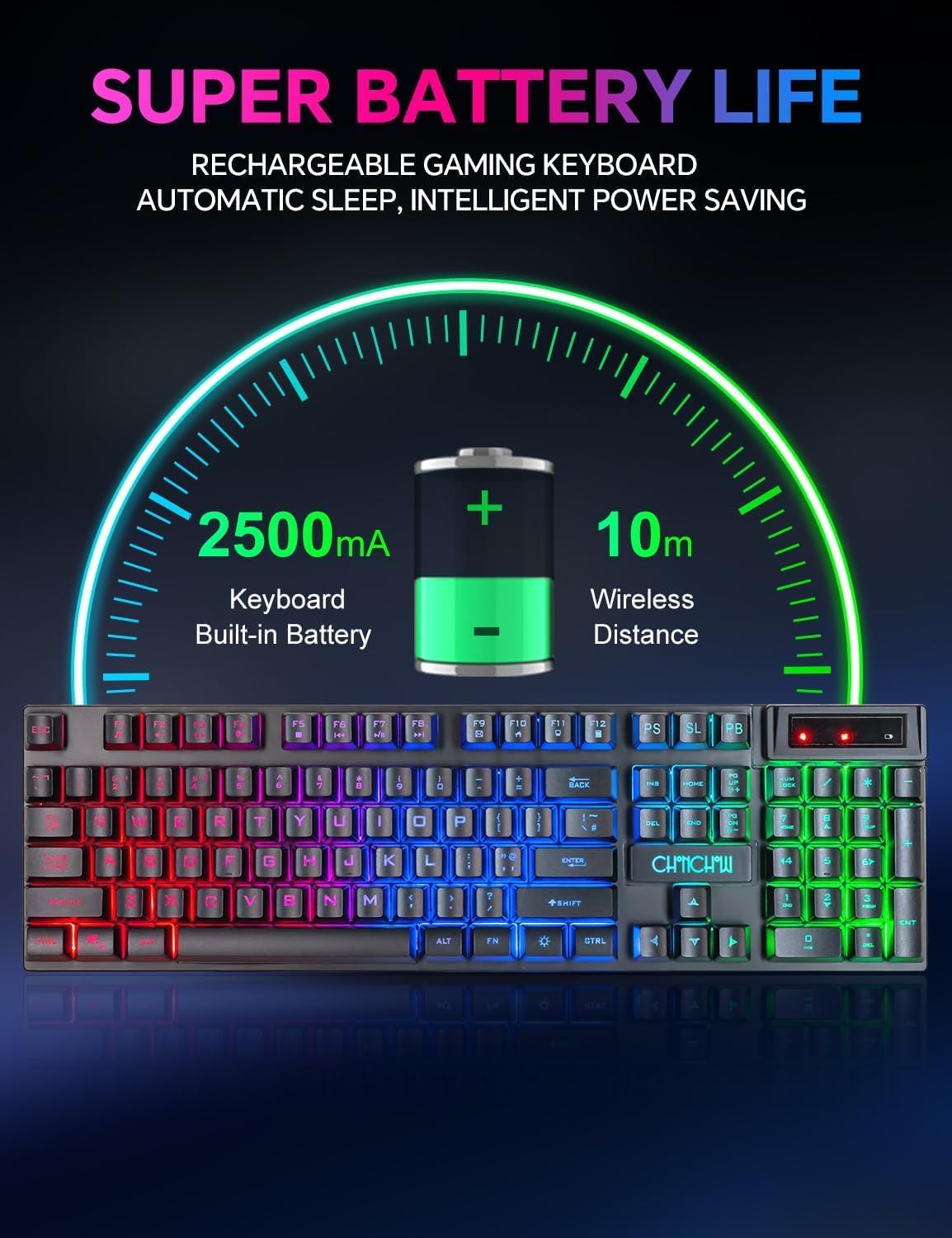 CHONCHOW Wireless Gaming Keyboard, 104 Key Rechargeable Rainbow LED Light Up Wireless Keyboard, for PC PS4 PS5 Xbox One Laptop, Teclado inalámbrico, (G221e) - CHONCHOW