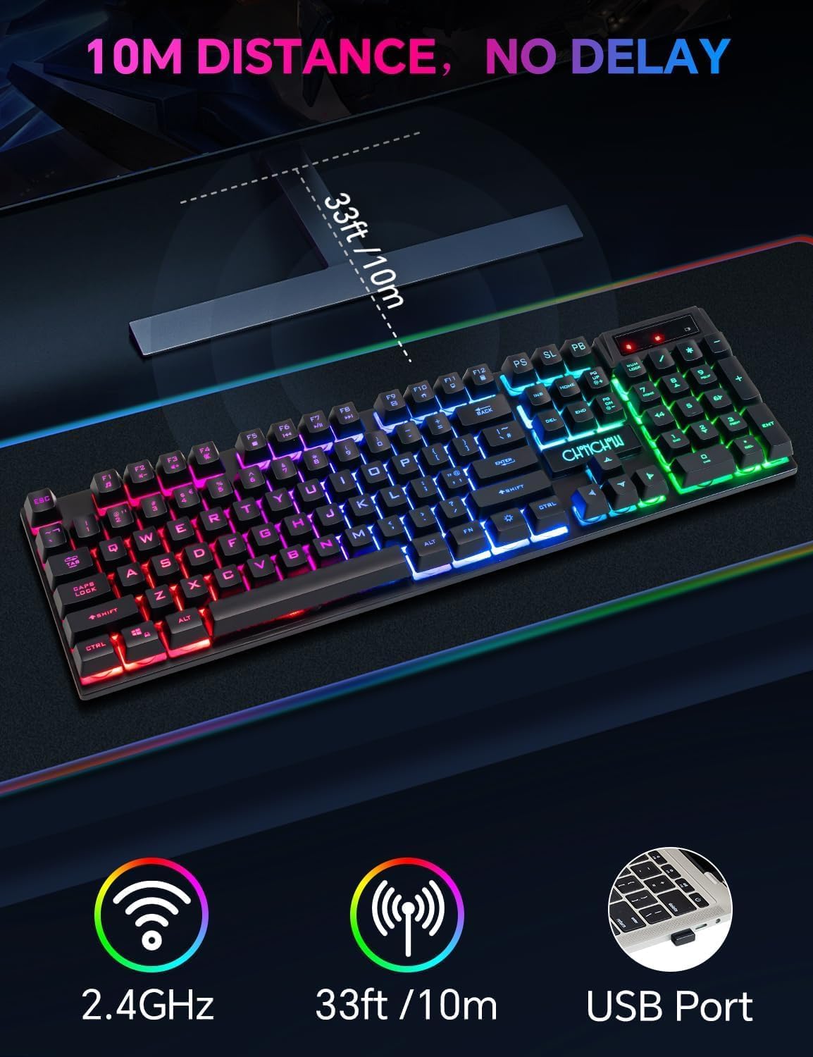 CHONCHOW Wireless Gaming Keyboard, 104 Key Rechargeable Rainbow LED Light Up Wireless Keyboard, for PC PS4 PS5 Xbox One Laptop, Teclado inalámbrico, (G221e) - CHONCHOW