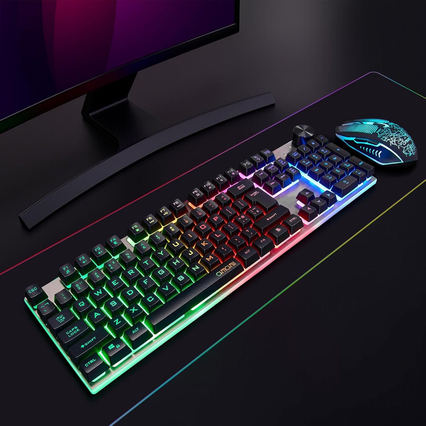 Wireless Gaming Keyboard with knob and Mouse Combo USB Dongle 2.4G Rechargeable 3000mAH Battery RGB Backlit Stainless Panel 4200DPI Side Button Mice for PC Laptop compatible with Windows 8/9/10 MacOS - CHONCHOW