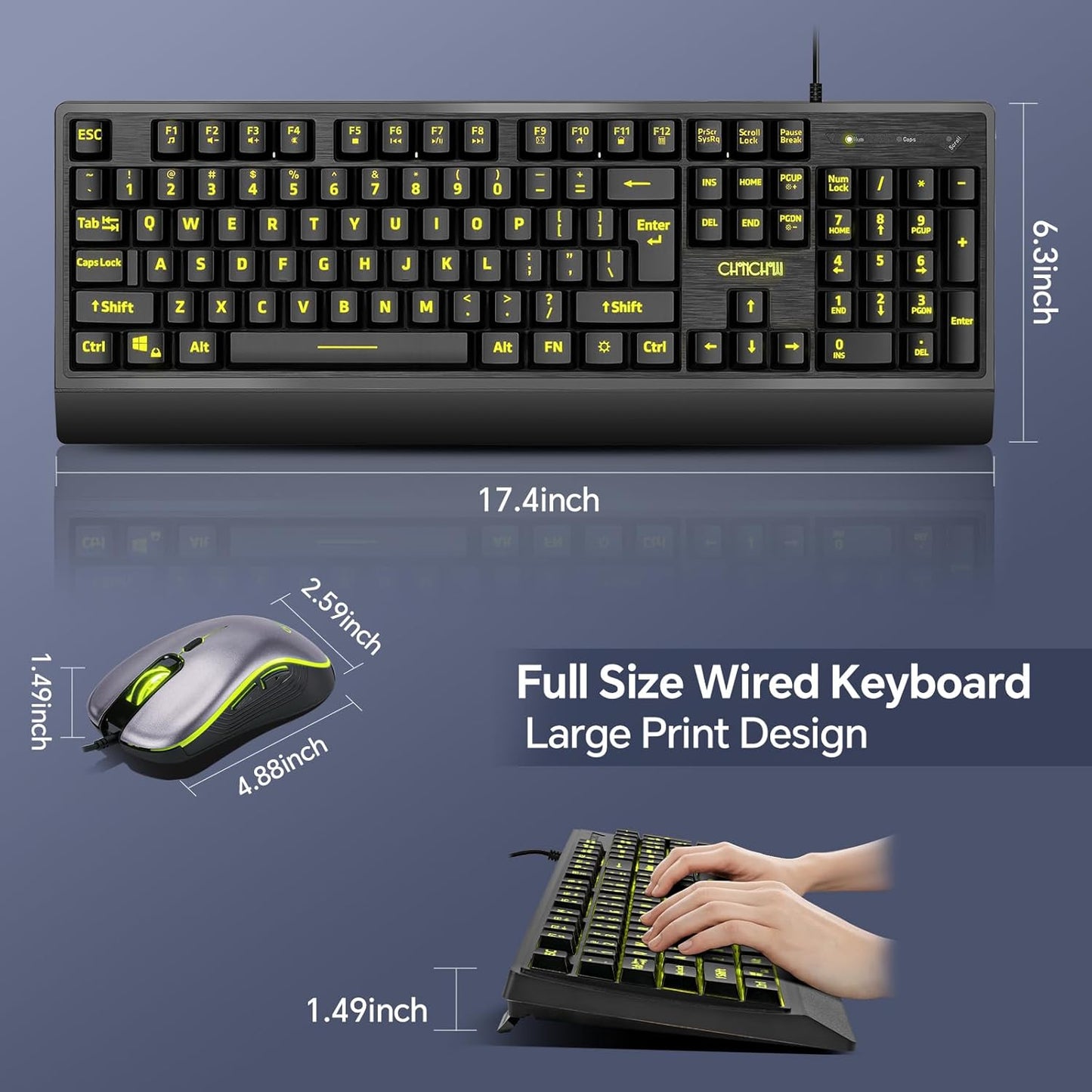 CHONCHOW Large Font Computer Keyboard with Wrist Rest, Easy to View and Type, USB Plug-and-Play, Full-Size, Backlit Wired Keyboard and Mouse Combo for PC, Windows, Laptop, and Gaming - CHONCHOW