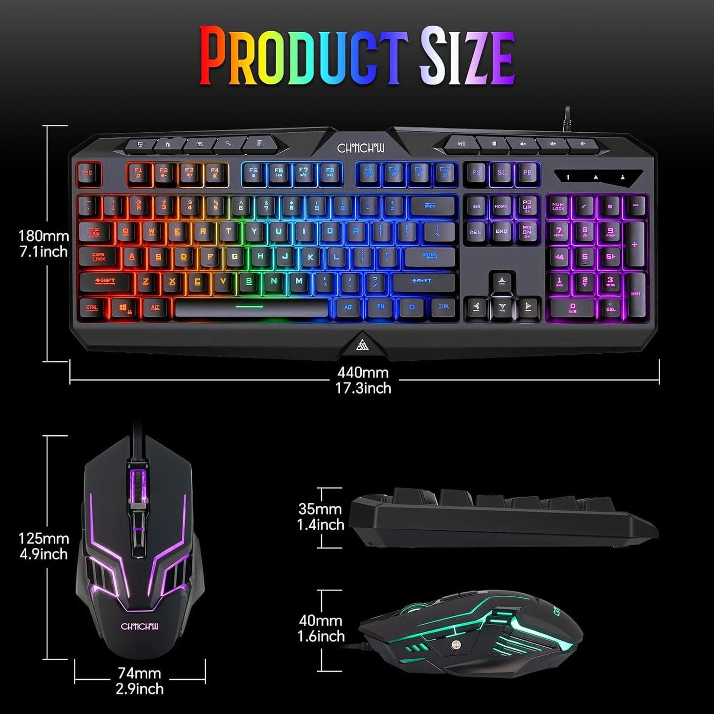 Wired Gaming Keyboard and Mouse Combo with Color Backlit, 10 Dedicated Keys, Mechanical Feel, Quiet, Anti-ghosting, Light Up Computer Keyboard, Cool RGB 7200 DPI Programmable Mice with Software for PC